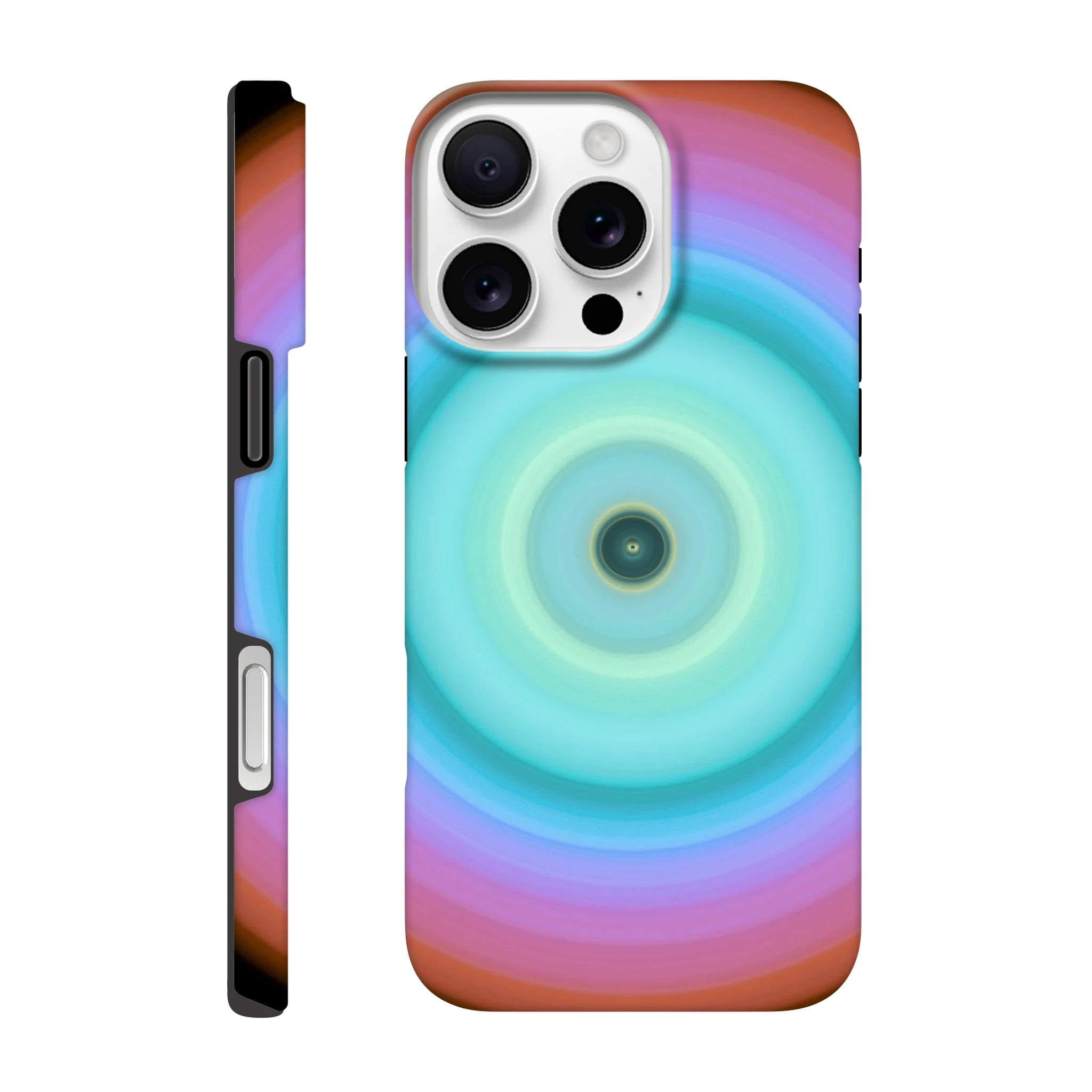 Circular aperture shape with dark center surrounded by concentric color bands transitioning from ice blue through turquoise and violet to coral pink.