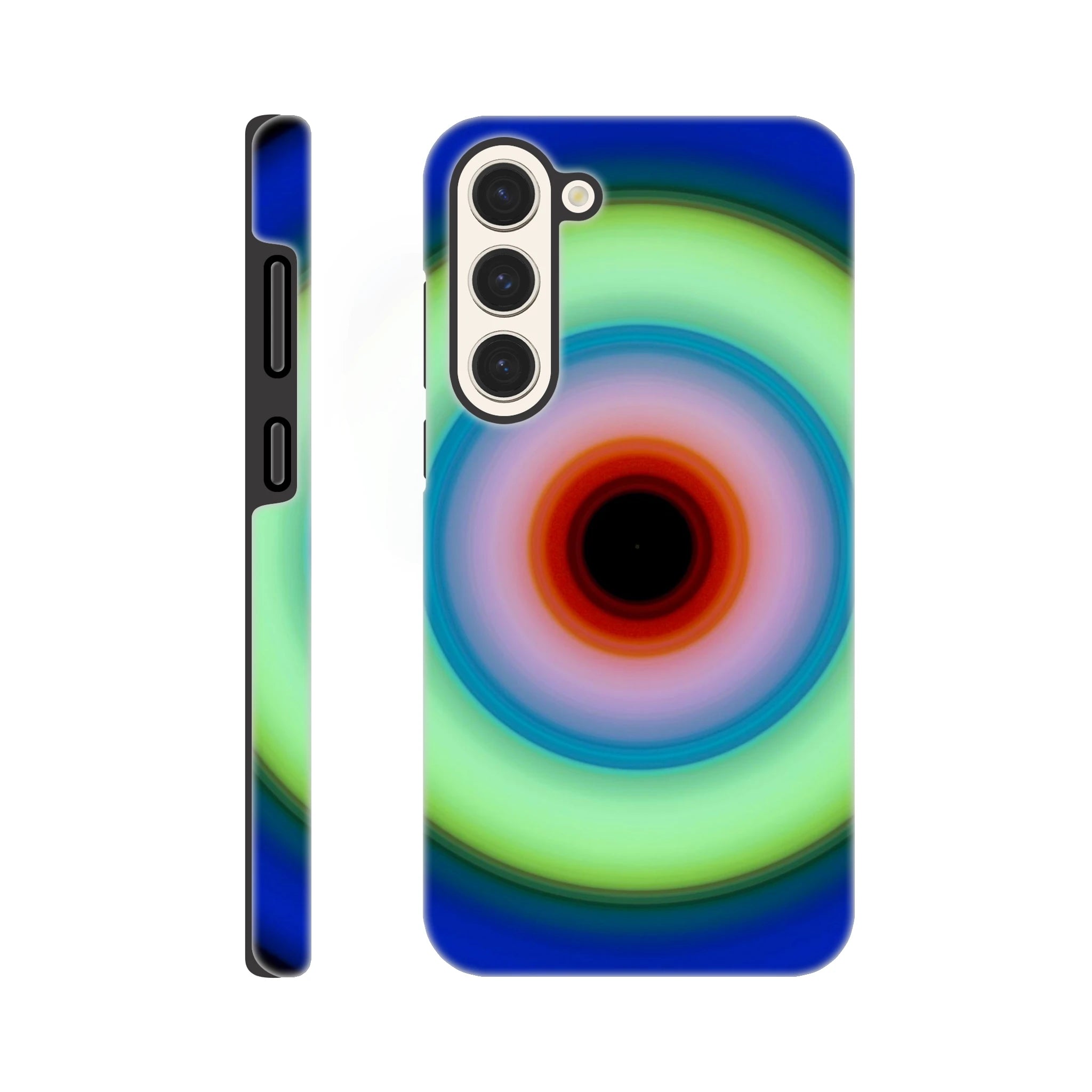 Circular concentric rings transitioning from deep blue outer edge through lime green to orange-red center with a small black void.