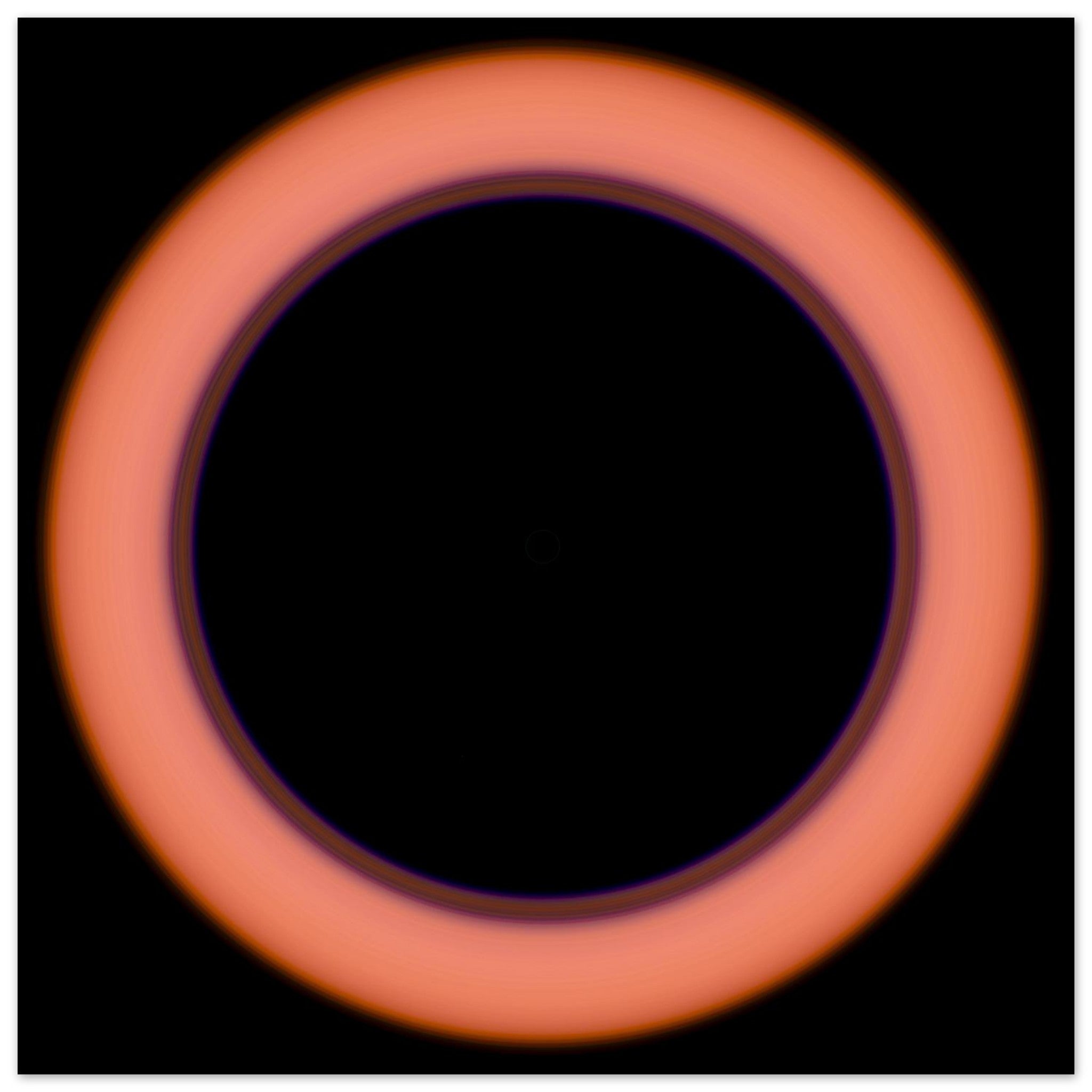 A circular image with a large black center surrounded by a thin violet ring that transitions to coral orange at the outer edges.