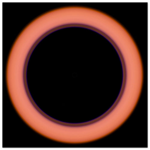 A circular image with a large black center surrounded by a thin violet ring that transitions to coral orange at the outer edges.