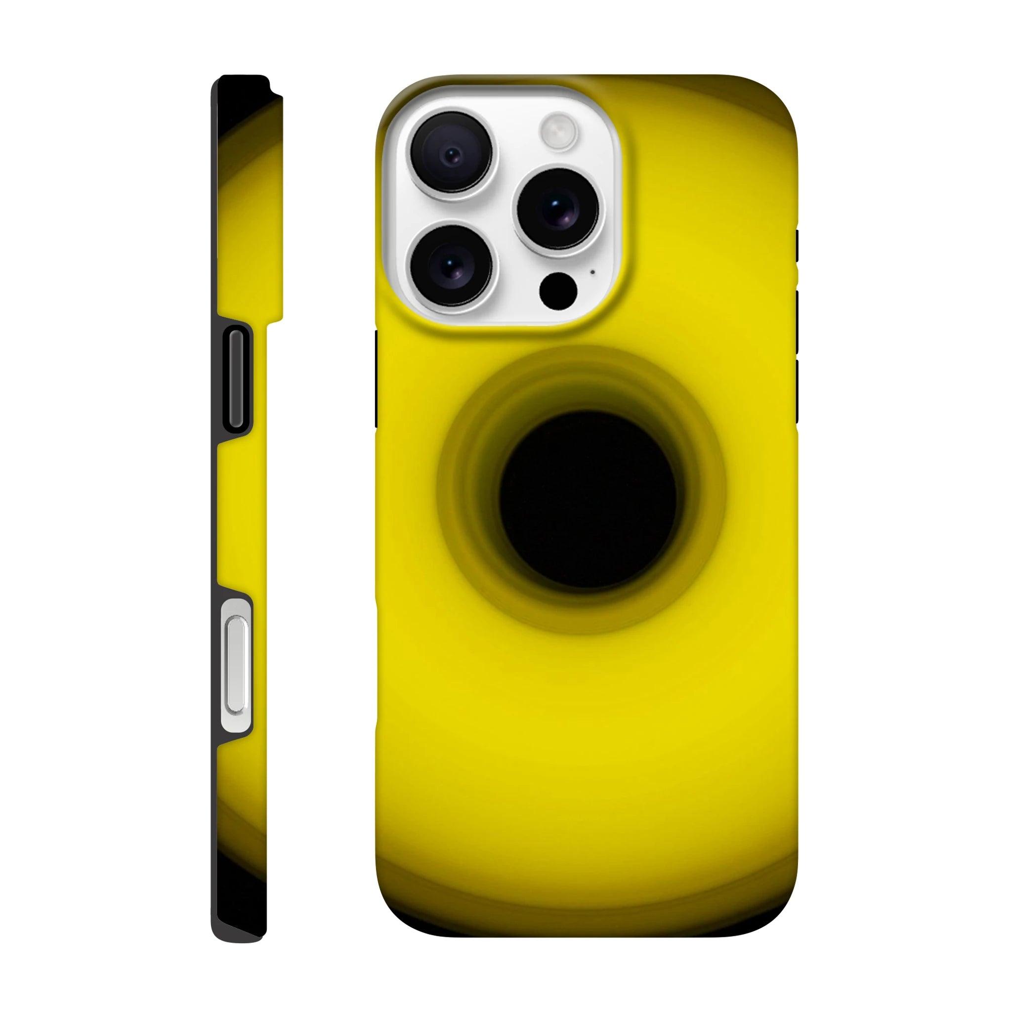 A circular yellow ring that gradients from bright yellow at the edges to olive green toward the dark center hole.