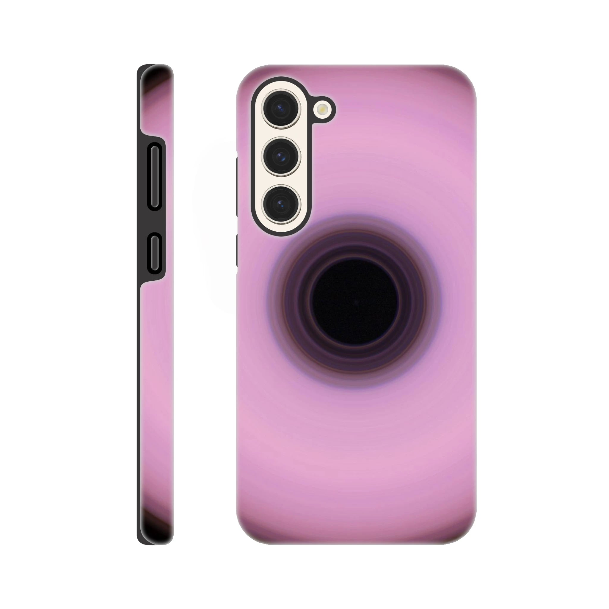 A circular ring with soft pink outer area and concentric bands in the center transitioning from deep violet to black.