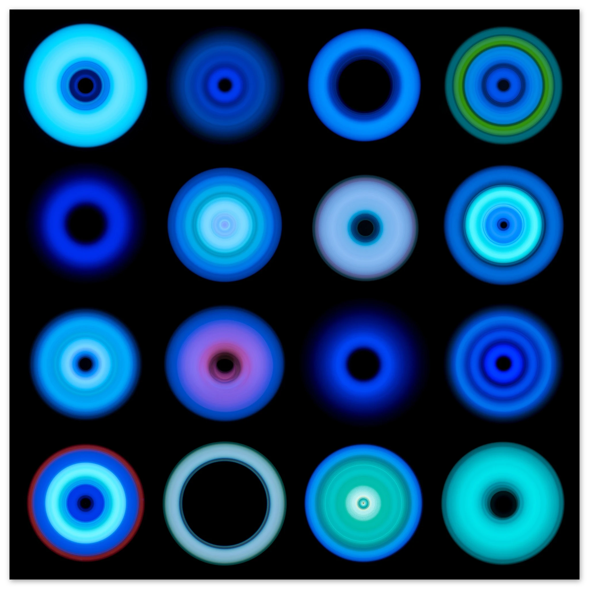 A grid of sixteen circular light forms with concentric rings in blue and cyan tones, featuring centers ranging from black voids to white cores.