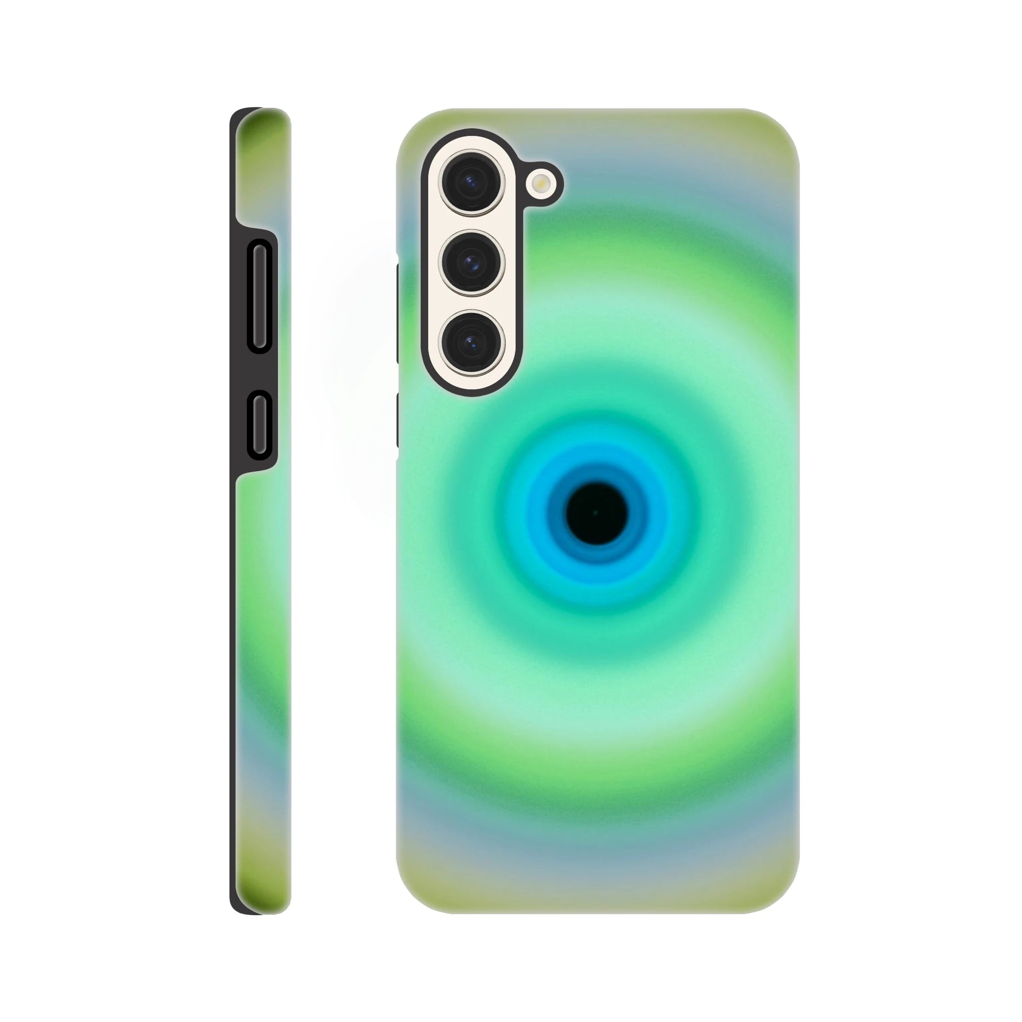 A circular form with concentric rings transitioning from pale yellow-green on the outer edge through lime green and aqua to cobalt blue around a small dark center.