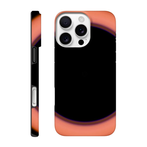 A circular image with a large black center surrounded by a thin violet ring that transitions to coral orange at the outer edges.