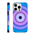 A circular aperture shape with electric blue outer ring transitioning through purple and violet to a bright pink core with a small dark center.