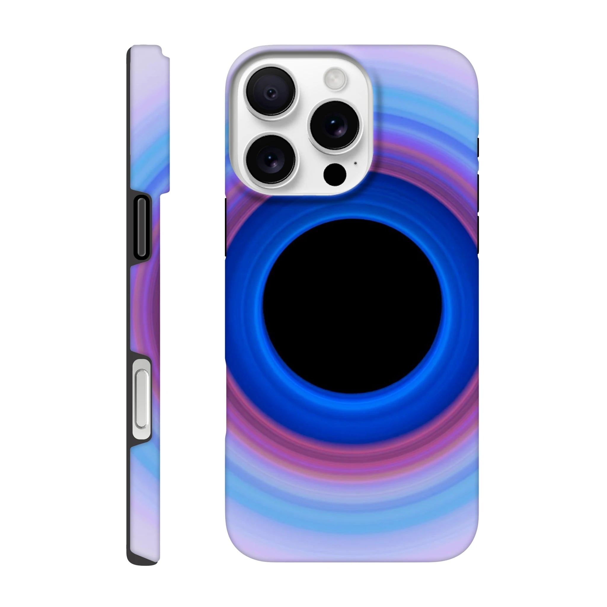 A circular ring with deep blue center transitioning through purple and magenta to pale lavender at the edges, surrounding a black void.