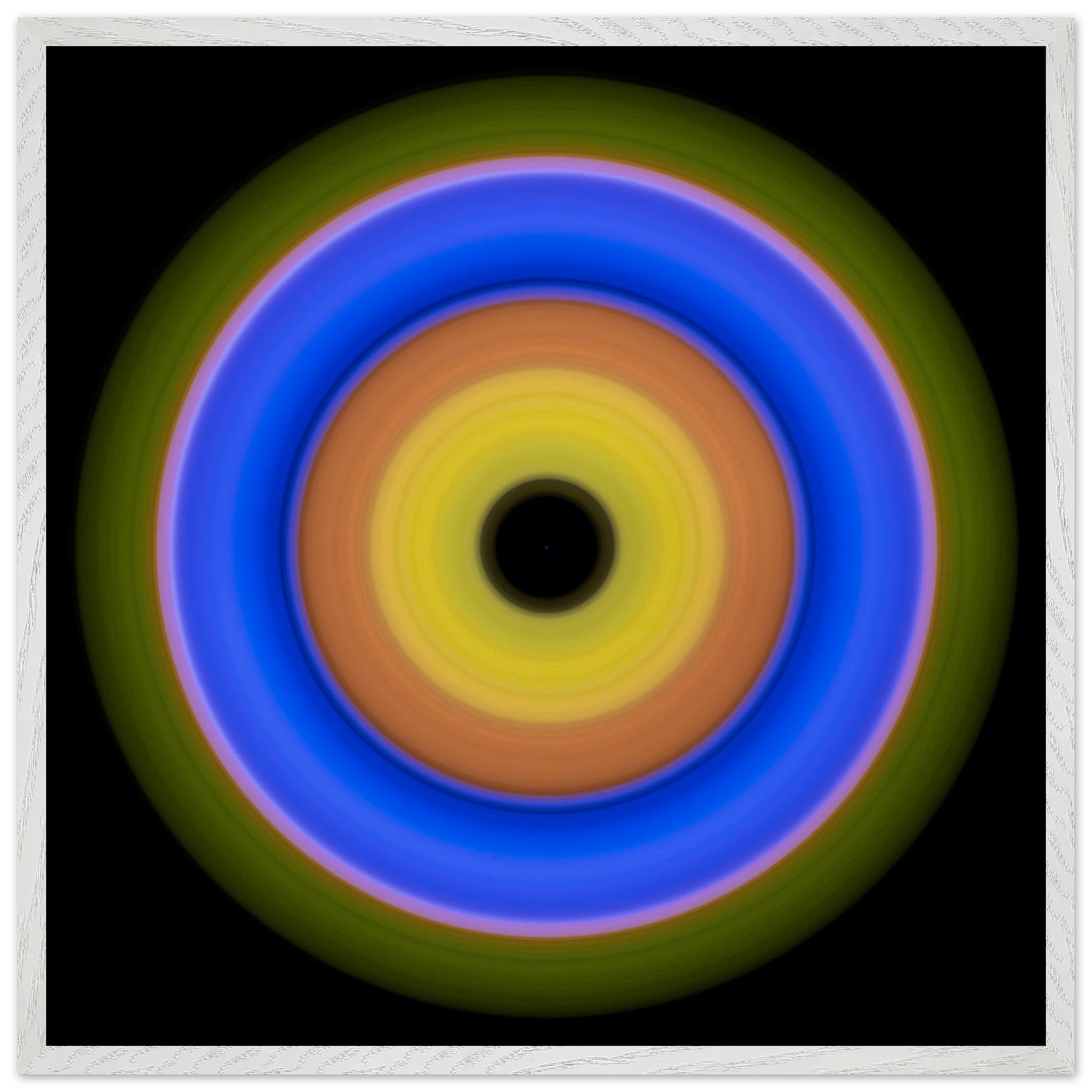 A circular aperture shape with concentric color rings radiating from a black center through yellow, orange, blue, and olive green.
