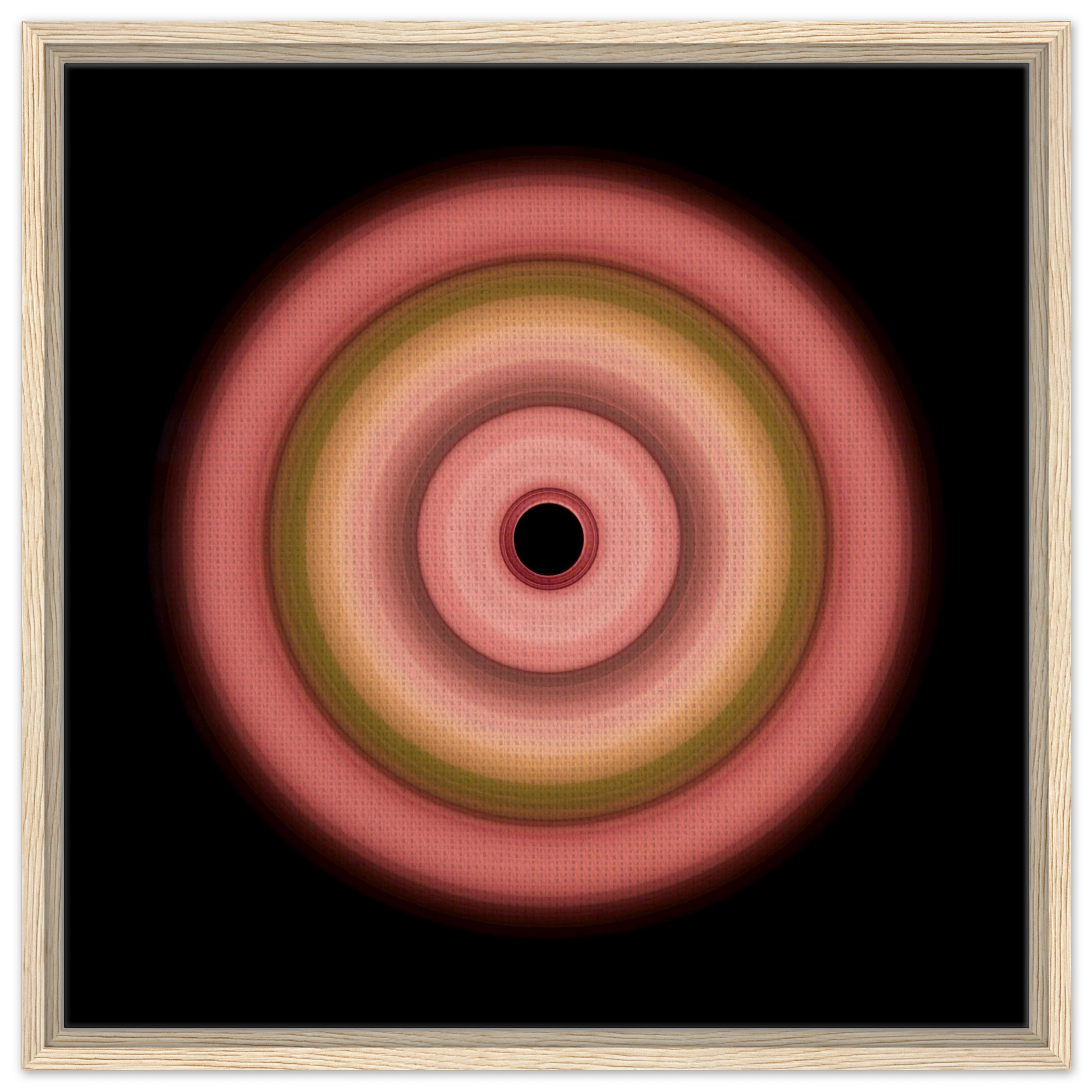 A circular aperture with six concentric rings transitioning from coral on the outside through pink, olive green, and peach to a black center.