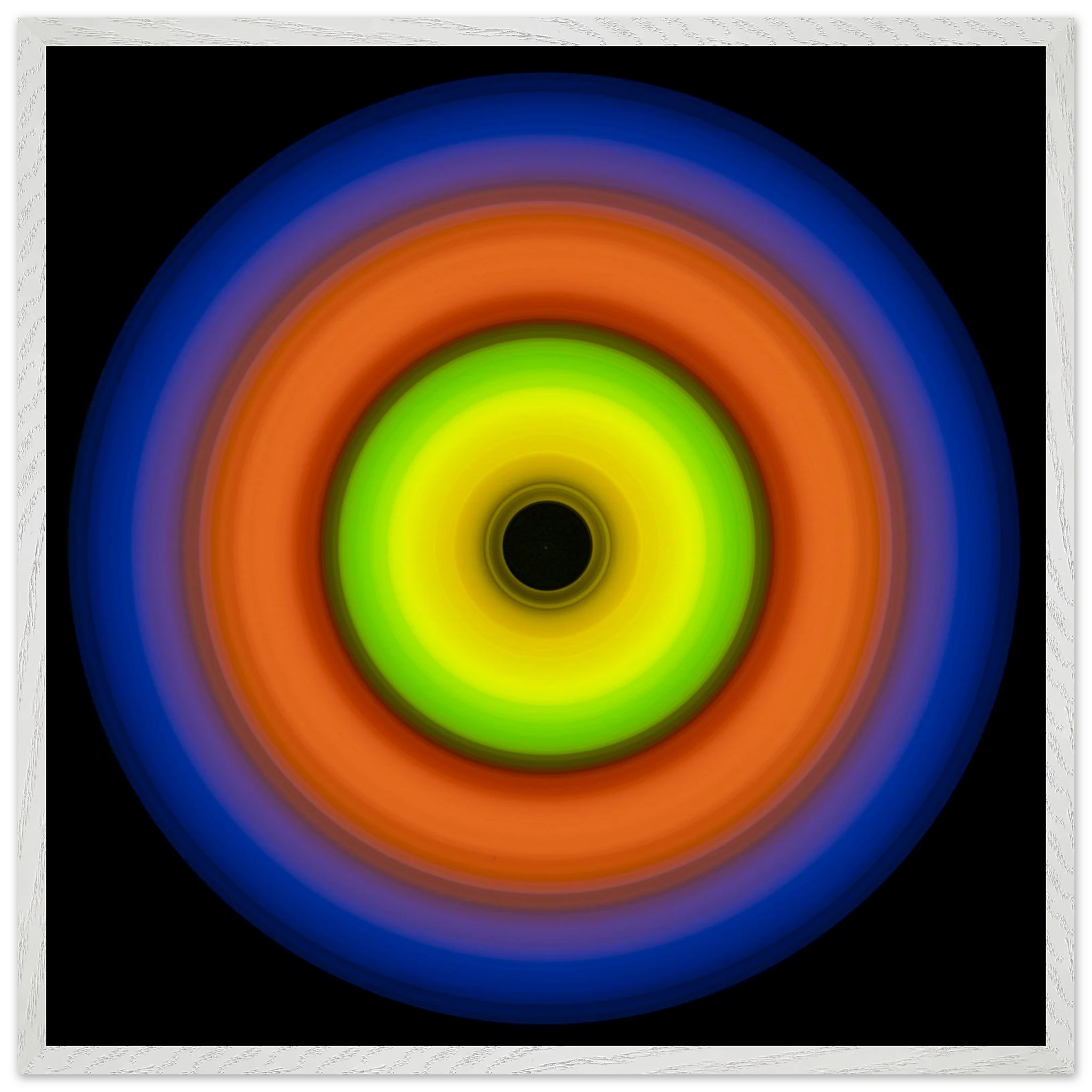 A circular aperture shape with bright lime green center fading to dark void, surrounded by concentric rings of orange, red, purple, and deep blue.