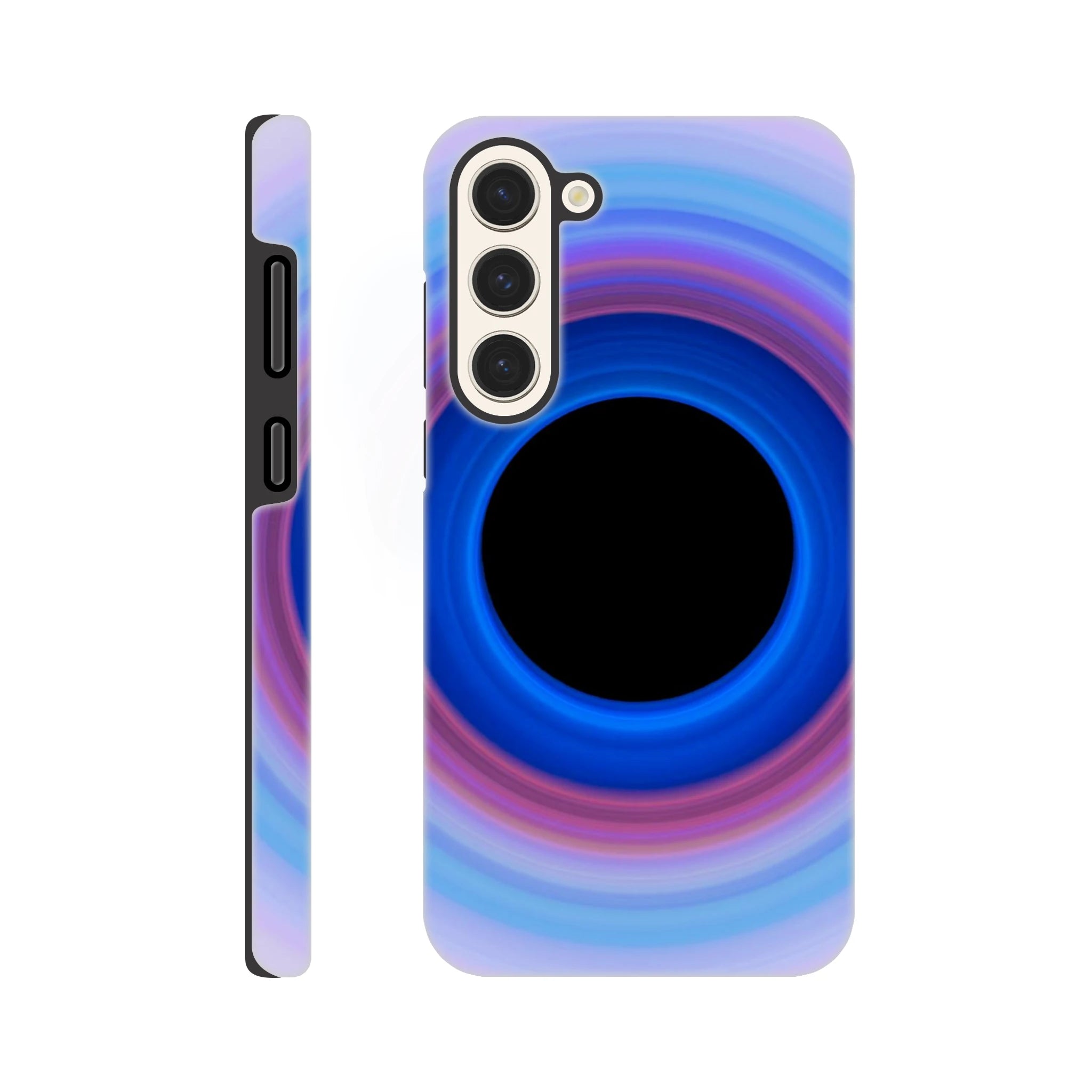 A circular ring with deep blue center transitioning through purple and magenta to pale lavender at the edges, surrounding a black void.