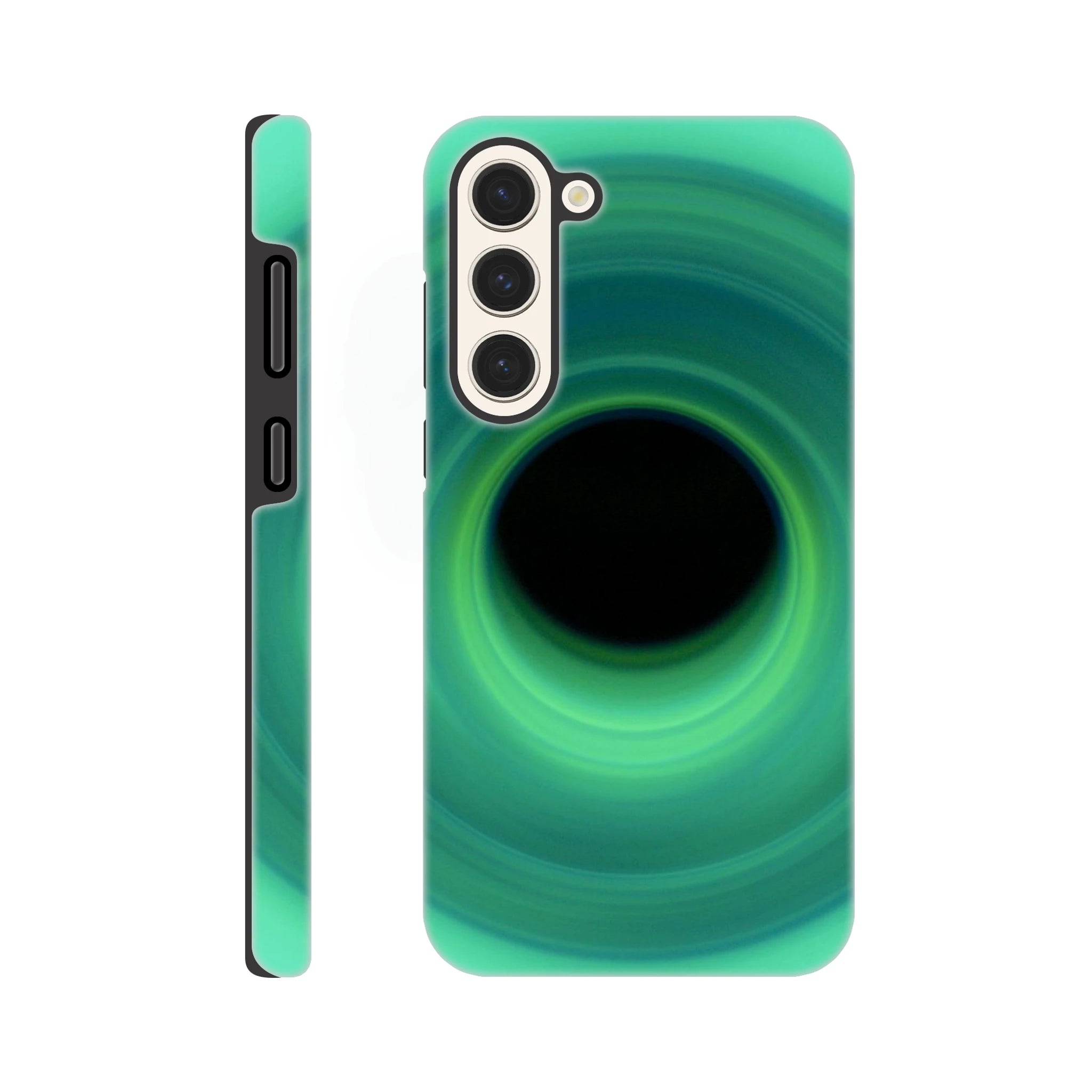 A spiral swirl of mint green light that deepens to teal color as it curves inward toward a black circular center.