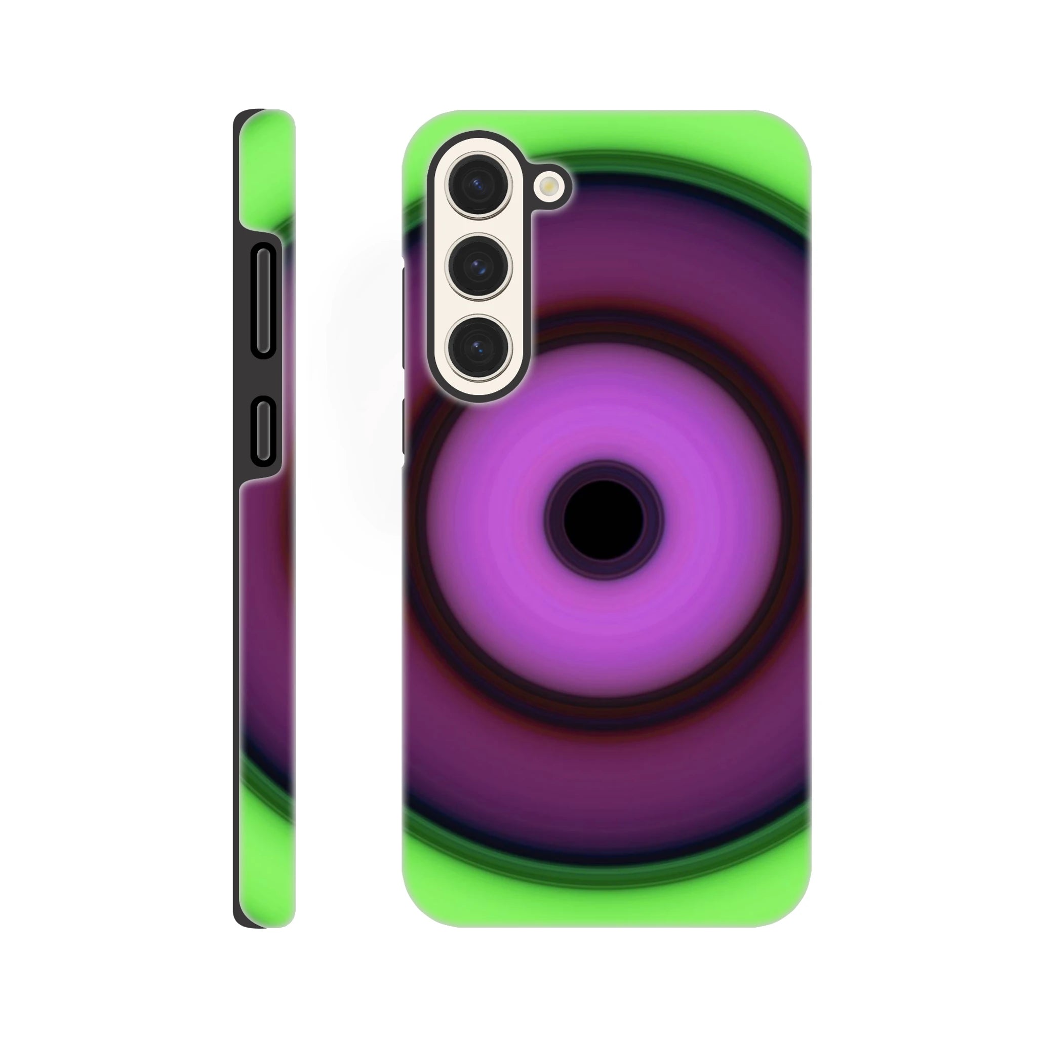 Circular aperture shape with concentric rings transitioning from bright lime green on the outside through purple tones to bright magenta around a small black center.
