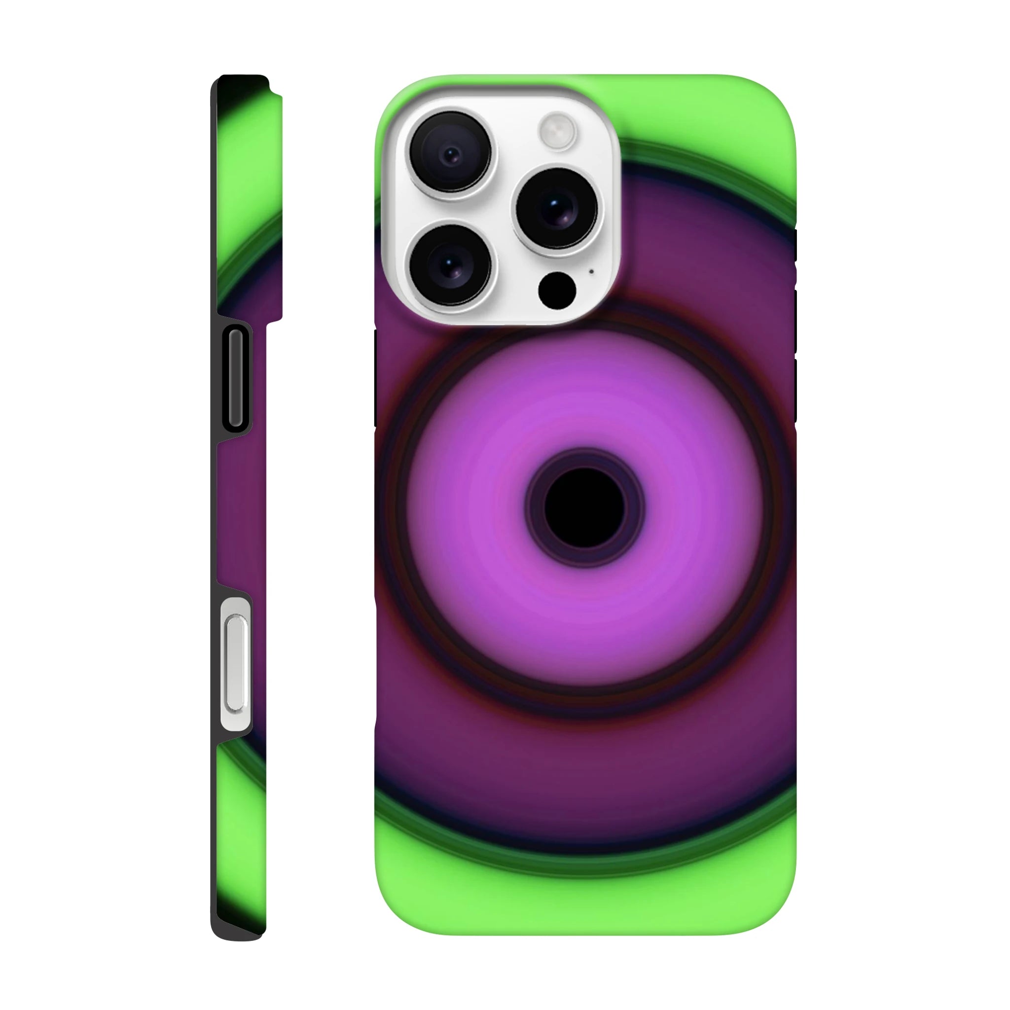 Circular aperture shape with concentric rings transitioning from bright lime green on the outside through purple tones to bright magenta around a small black center.