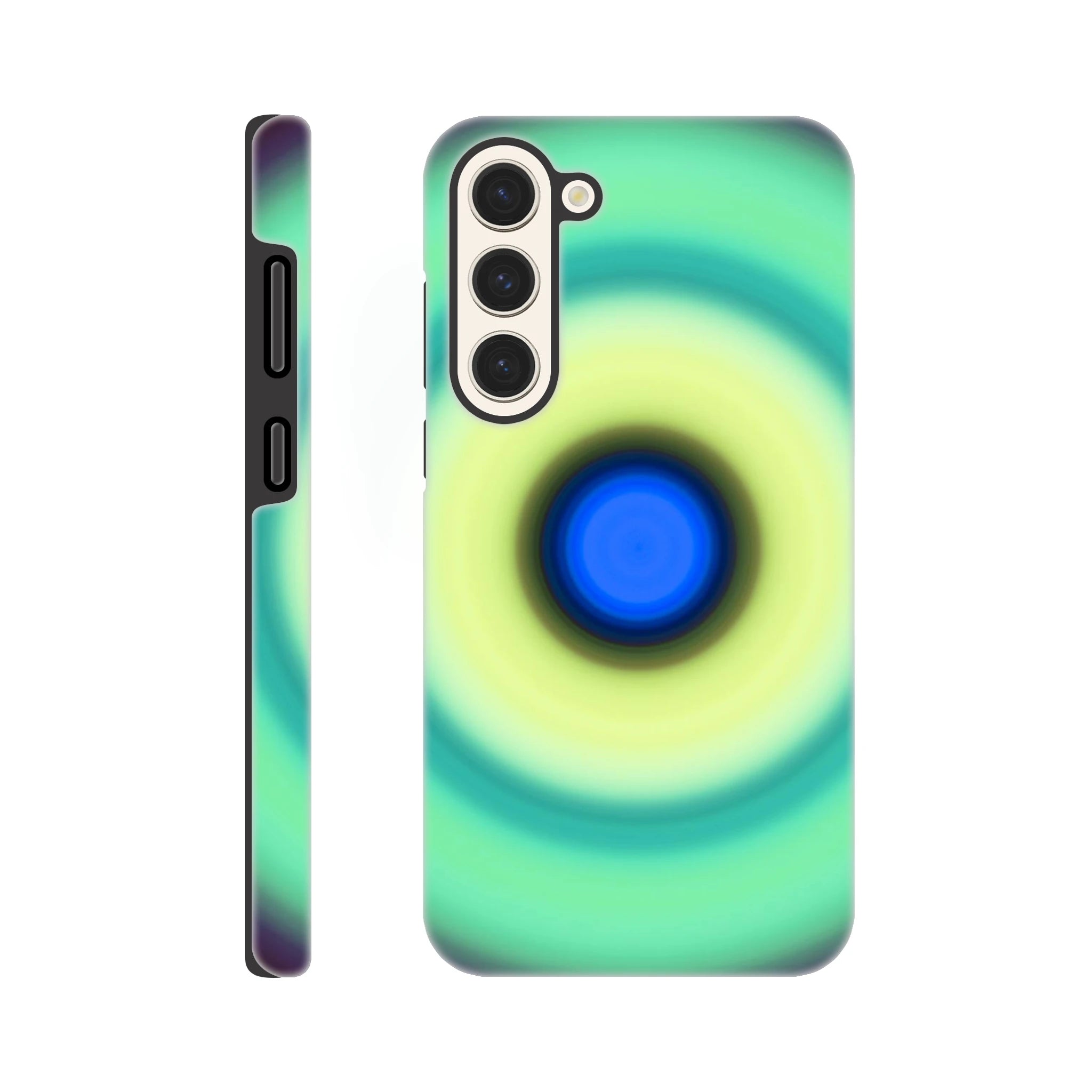 A circular disc with a bright blue center, surrounded by concentric rings of yellow-green, teal, mint green, and purple that fade into black.