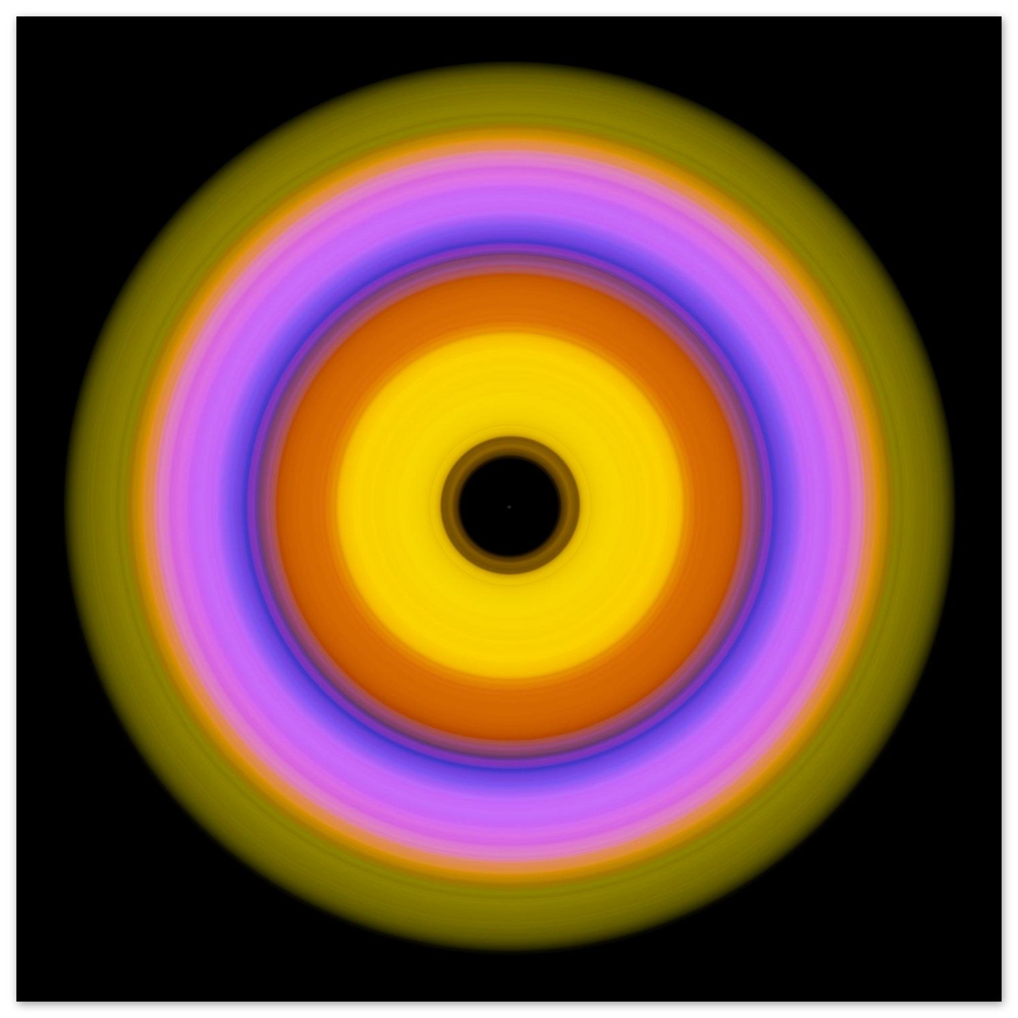 A circular pattern with six concentric rings radiating from a black center through yellow, orange, magenta, blue, lavender, and lime green.
