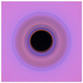 A circular swirl with black center surrounded by concentric rings transitioning from orange through blue and purple to pink at the outer edges.