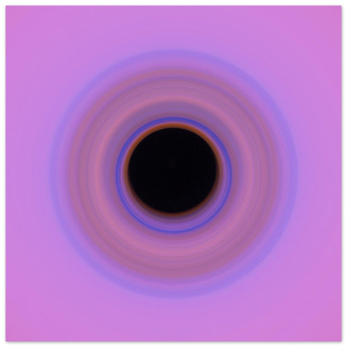 A circular swirl with black center surrounded by concentric rings transitioning from orange through blue and purple to pink at the outer edges.