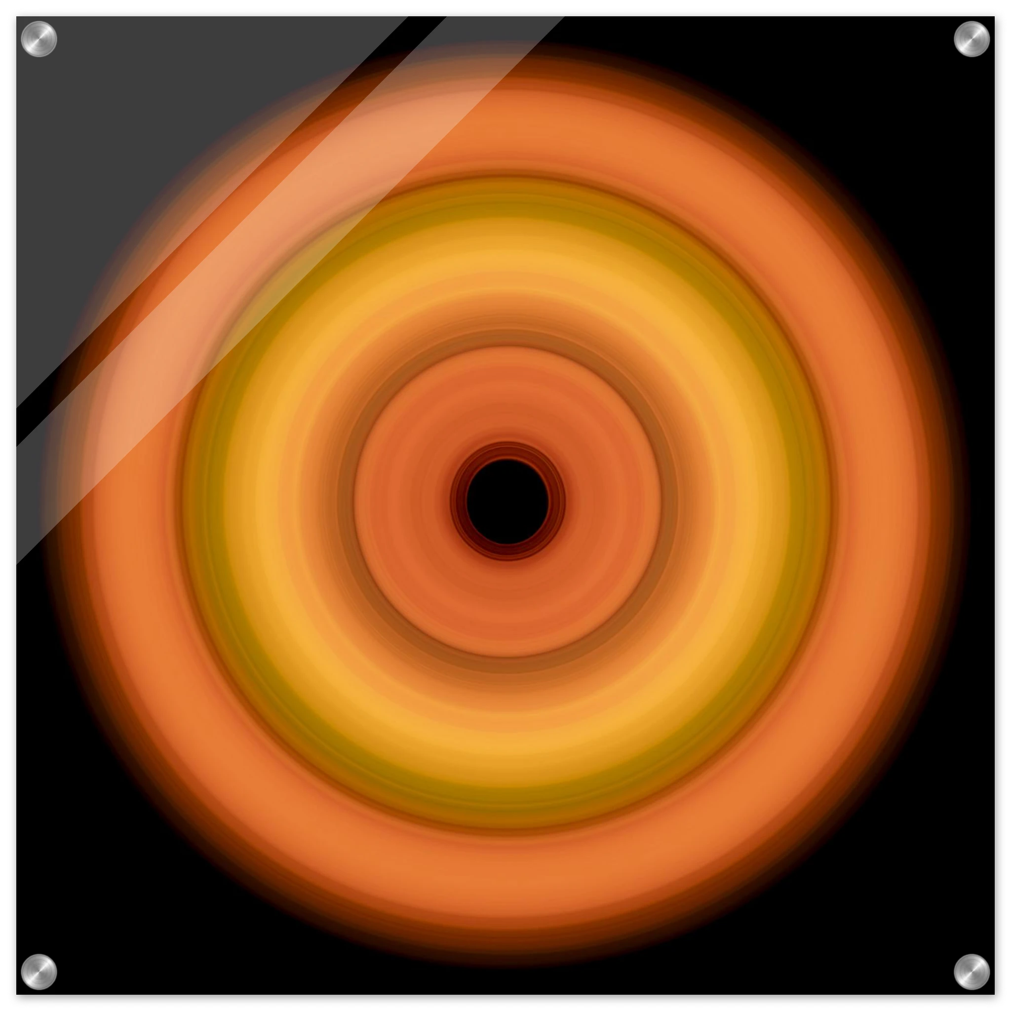 Circular concentric rings transitioning from coral orange outer edge through bright yellow middle bands to soft orange inner ring with small black center.