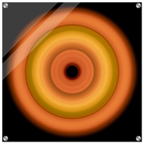 Circular concentric rings transitioning from coral orange outer edge through bright yellow middle bands to soft orange inner ring with small black center.