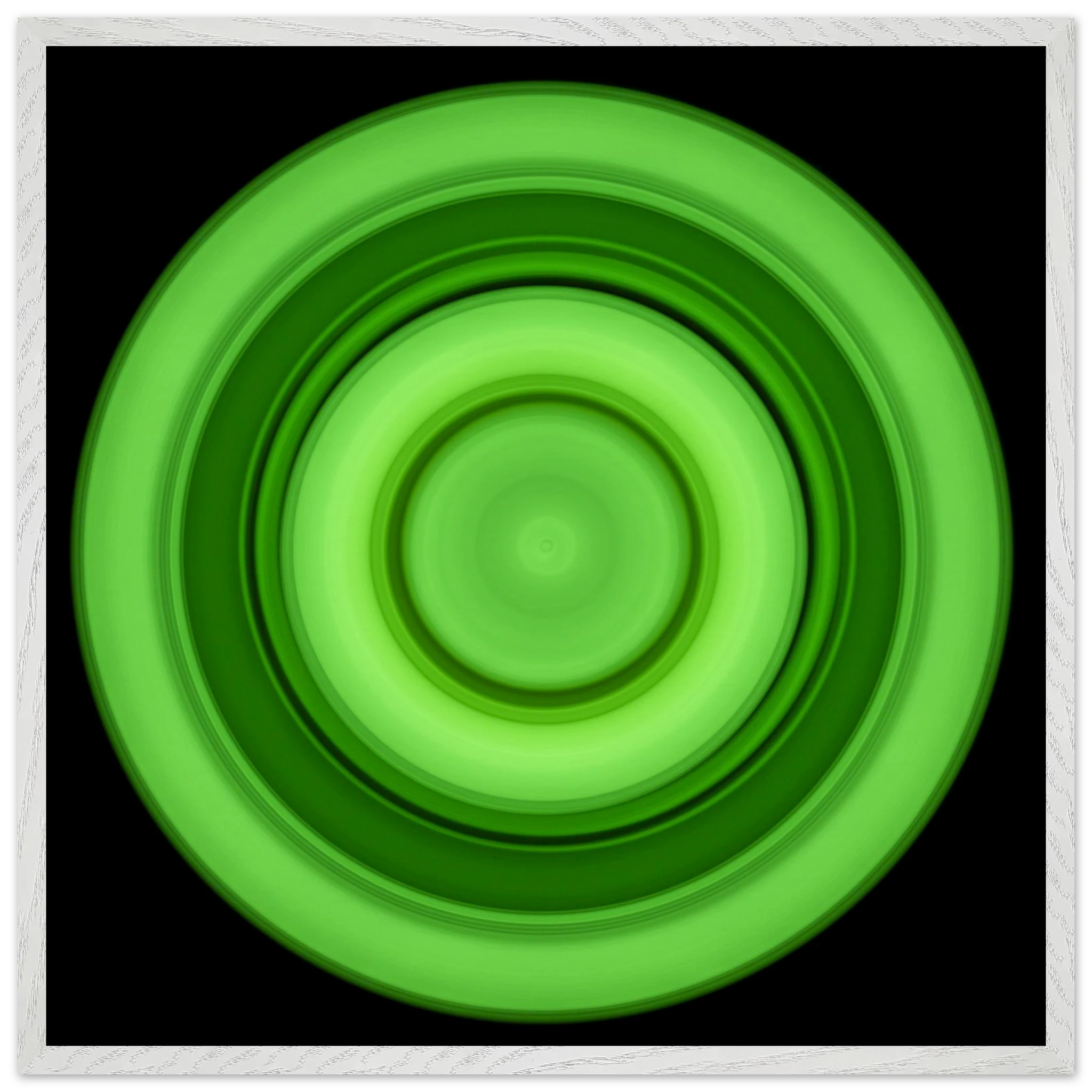 A circular disc with concentric rings in lime green tones radiating from a bright center core to darker green outer edges on black background.