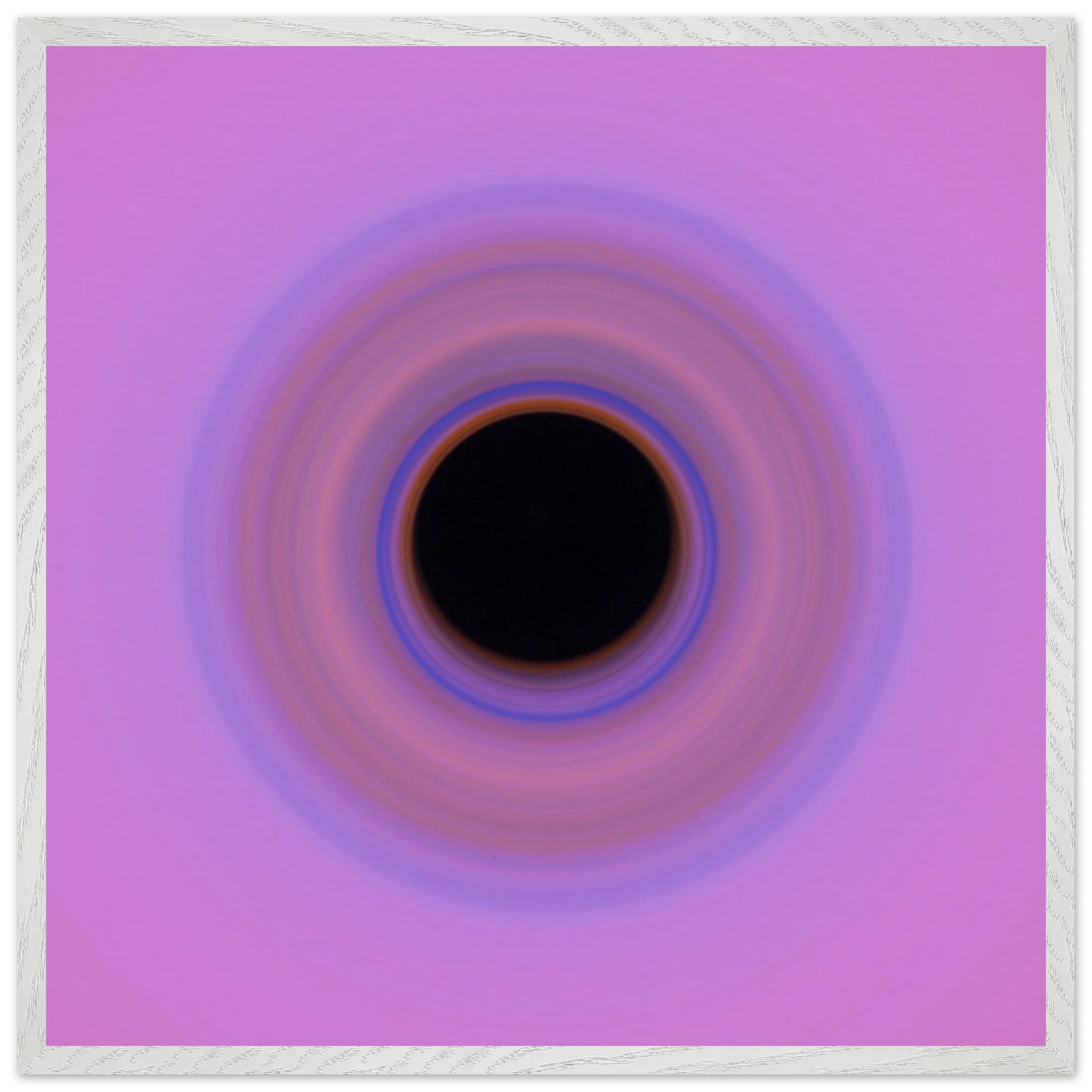 A circular swirl with black center surrounded by concentric rings transitioning from orange through blue and purple to pink at the outer edges.