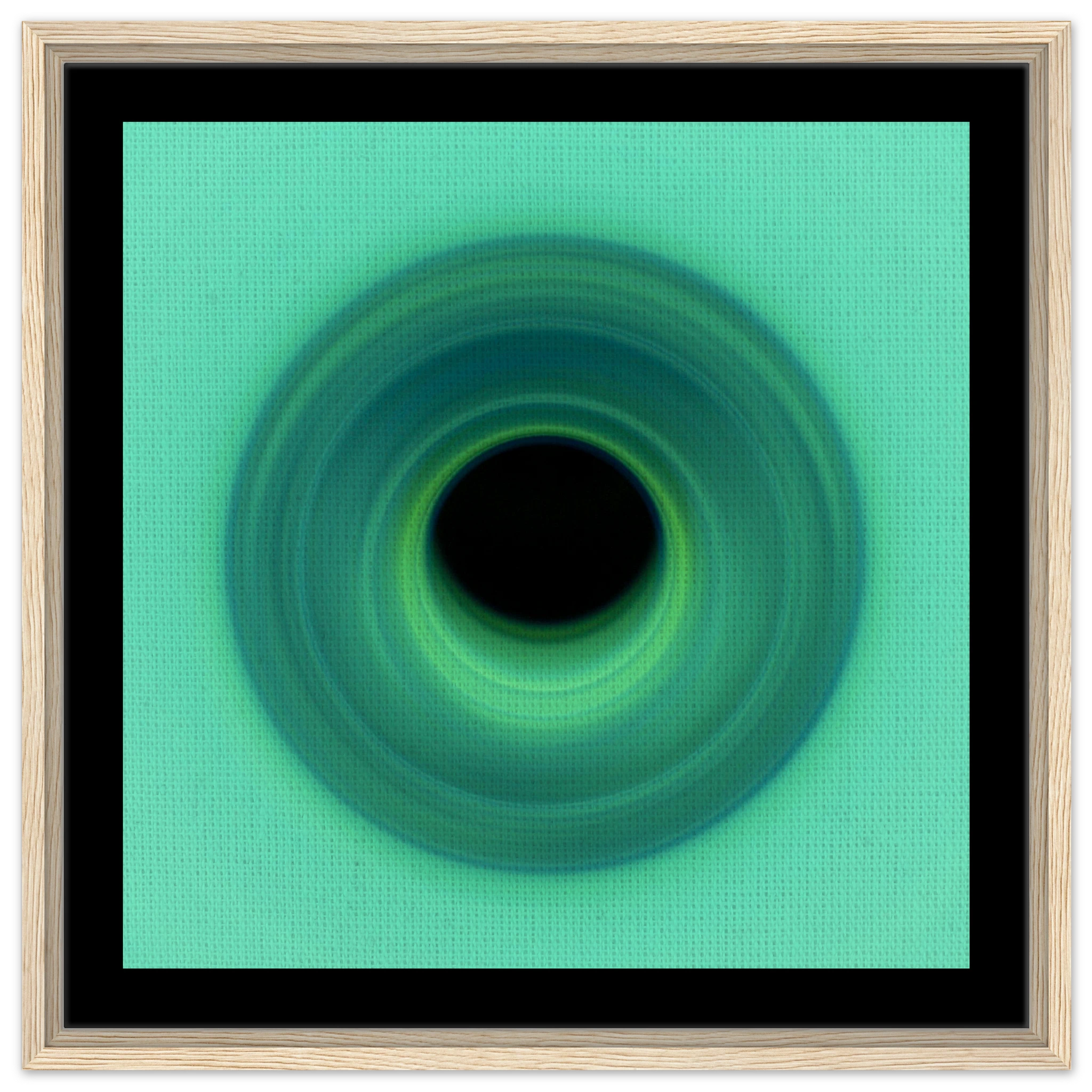 A spiral swirl of mint green light that deepens to teal color as it curves inward toward a black circular center.