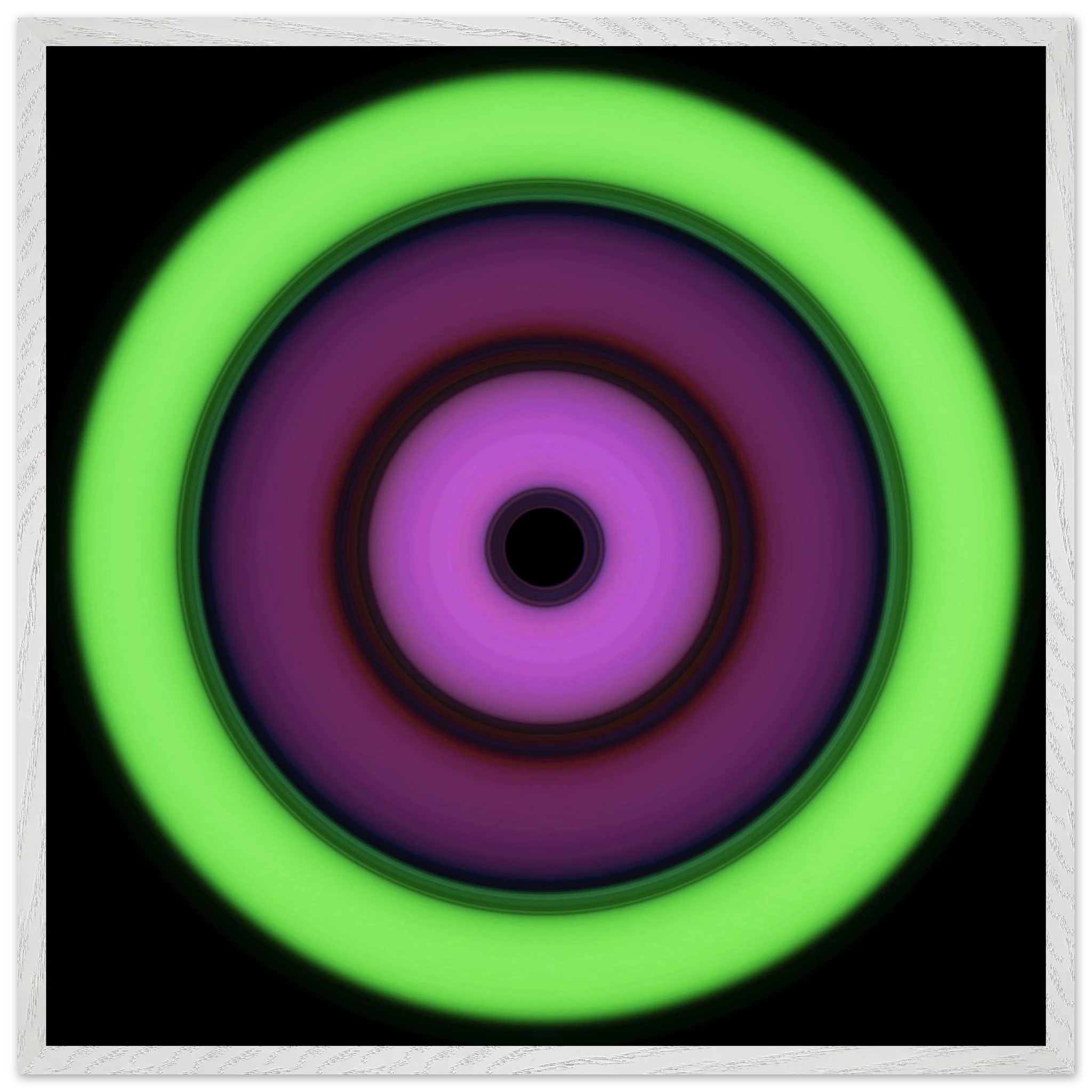 Circular aperture shape with concentric rings transitioning from bright lime green on the outside through purple tones to bright magenta around a small black center.