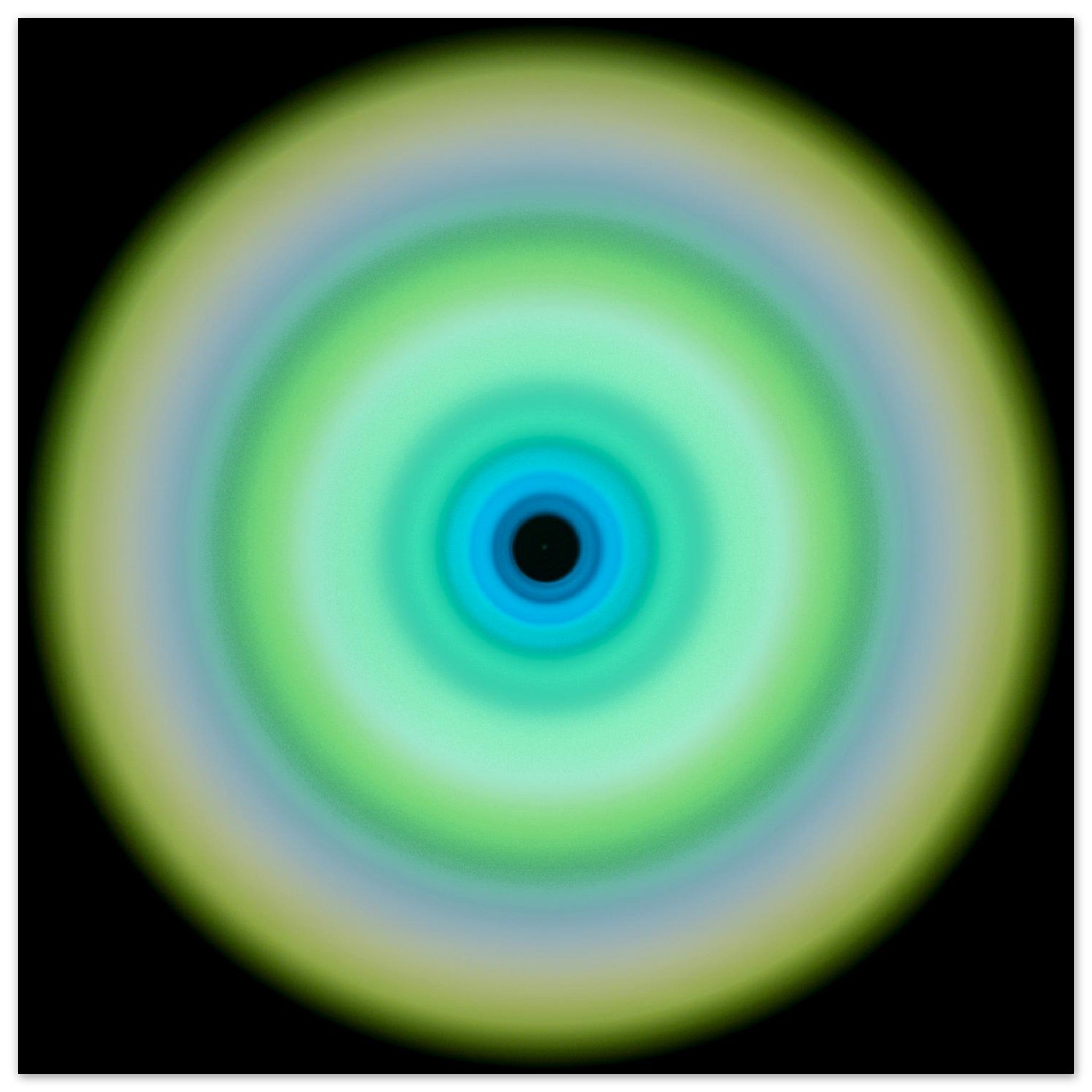 A circular form with concentric rings transitioning from pale yellow-green on the outer edge through lime green and aqua to cobalt blue around a small dark center.