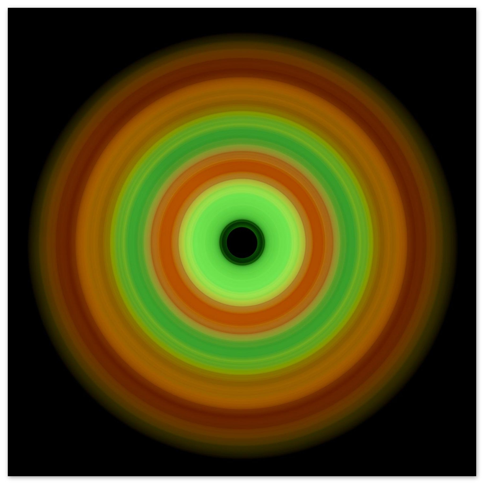 Circular image with seven concentric rings transitioning from burnt orange outer edge through yellow and green tones to pale lime center with small black void.
