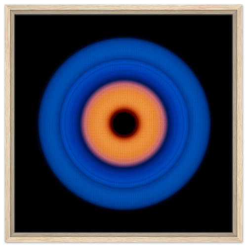 A circular ring with deep blue outer edge transitioning through purple-pink to coral orange center with a small black void in the middle.