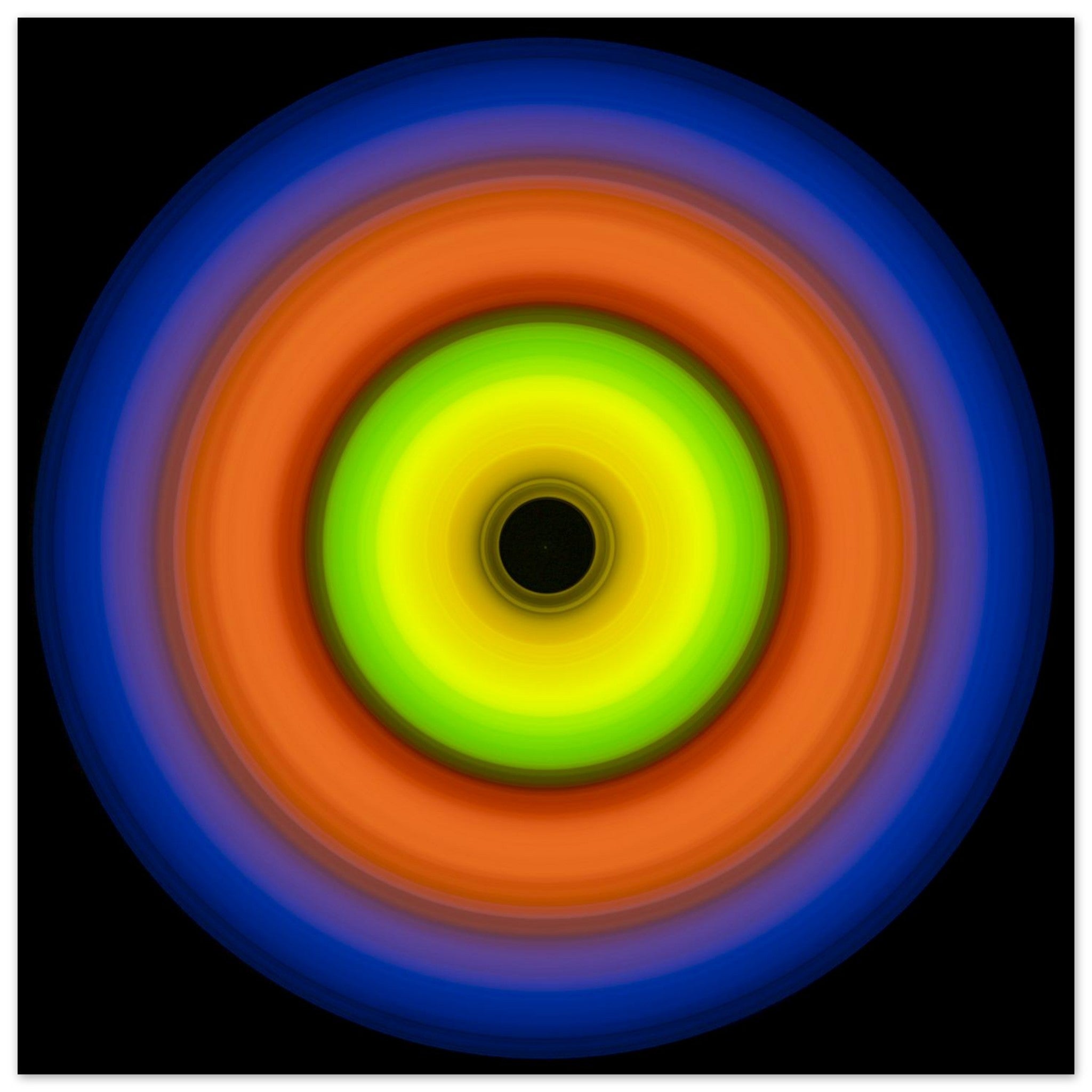 A circular aperture shape with bright lime green center fading to dark void, surrounded by concentric rings of orange, red, purple, and deep blue.