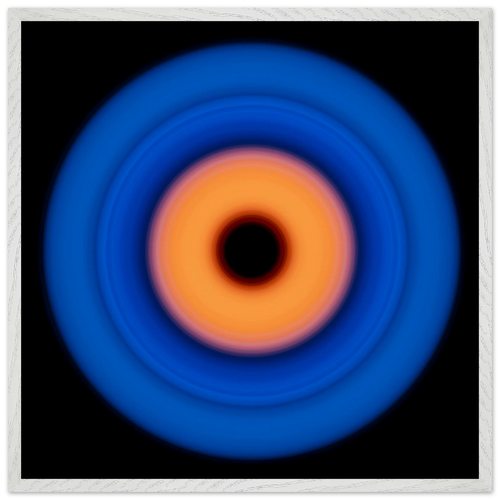 A circular ring with deep blue outer edge transitioning through purple-pink to coral orange center with a small black void in the middle.