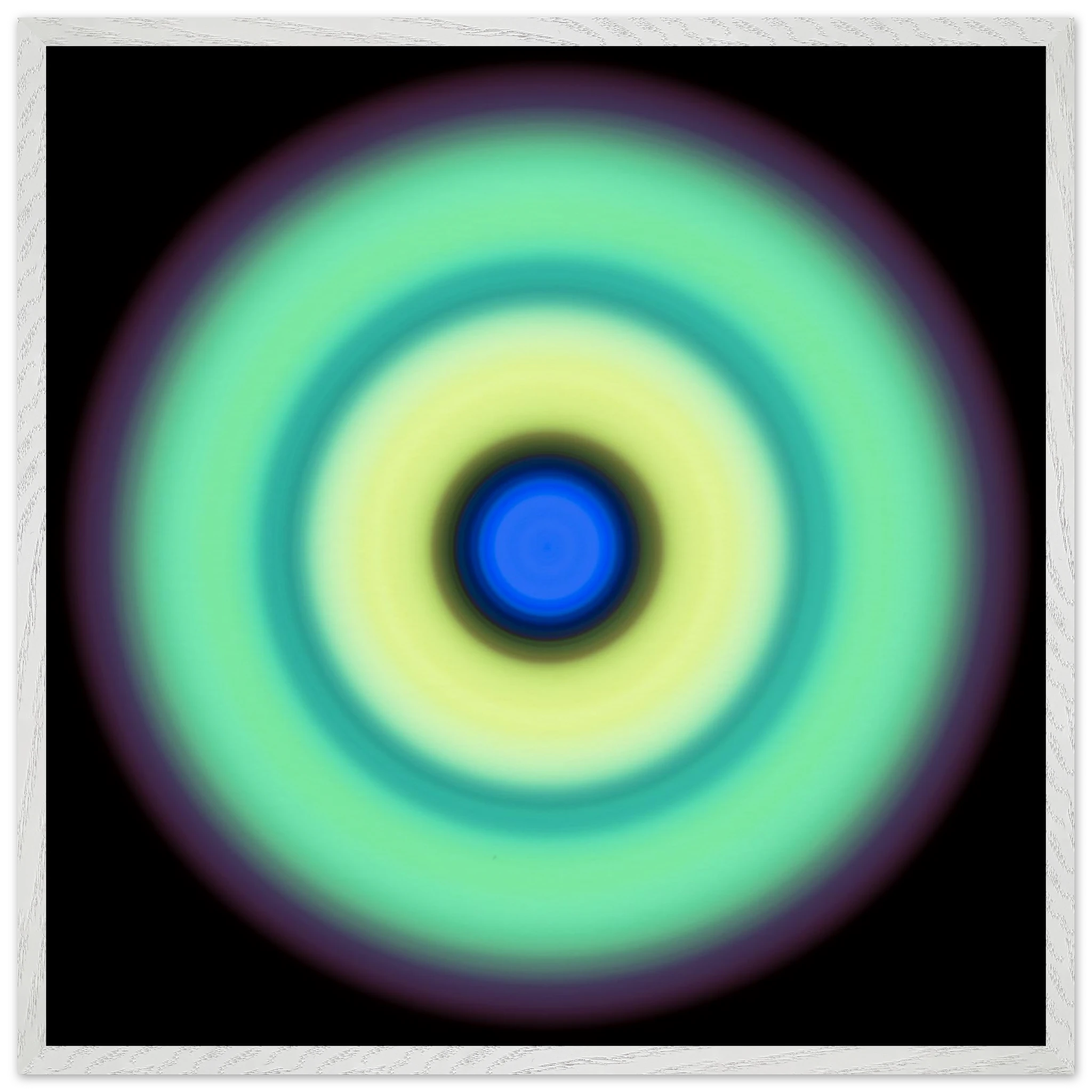 A circular disc with a bright blue center, surrounded by concentric rings of yellow-green, teal, mint green, and purple that fade into black.