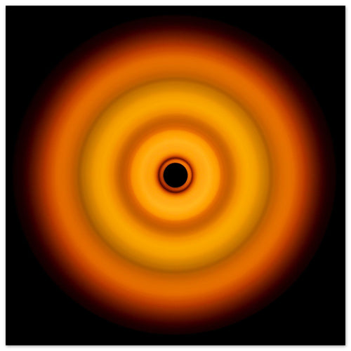 Circular aperture shape with bright amber center fading through coral orange concentric rings to darker orange edges with a small black void at the center.