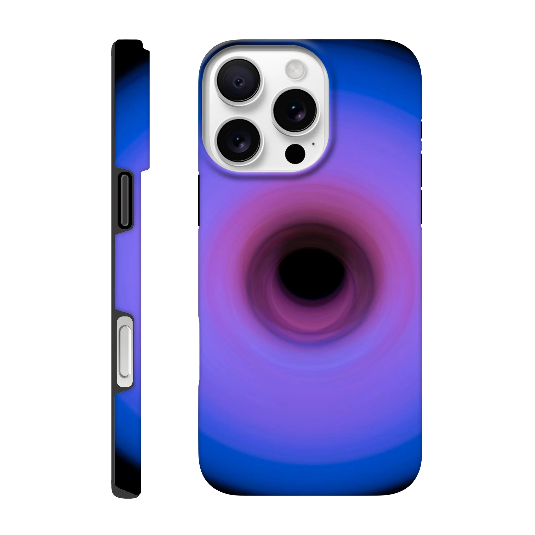 A circular ring of light with royal blue outer edges that gradually transitions through purple to pink toward a small dark center.