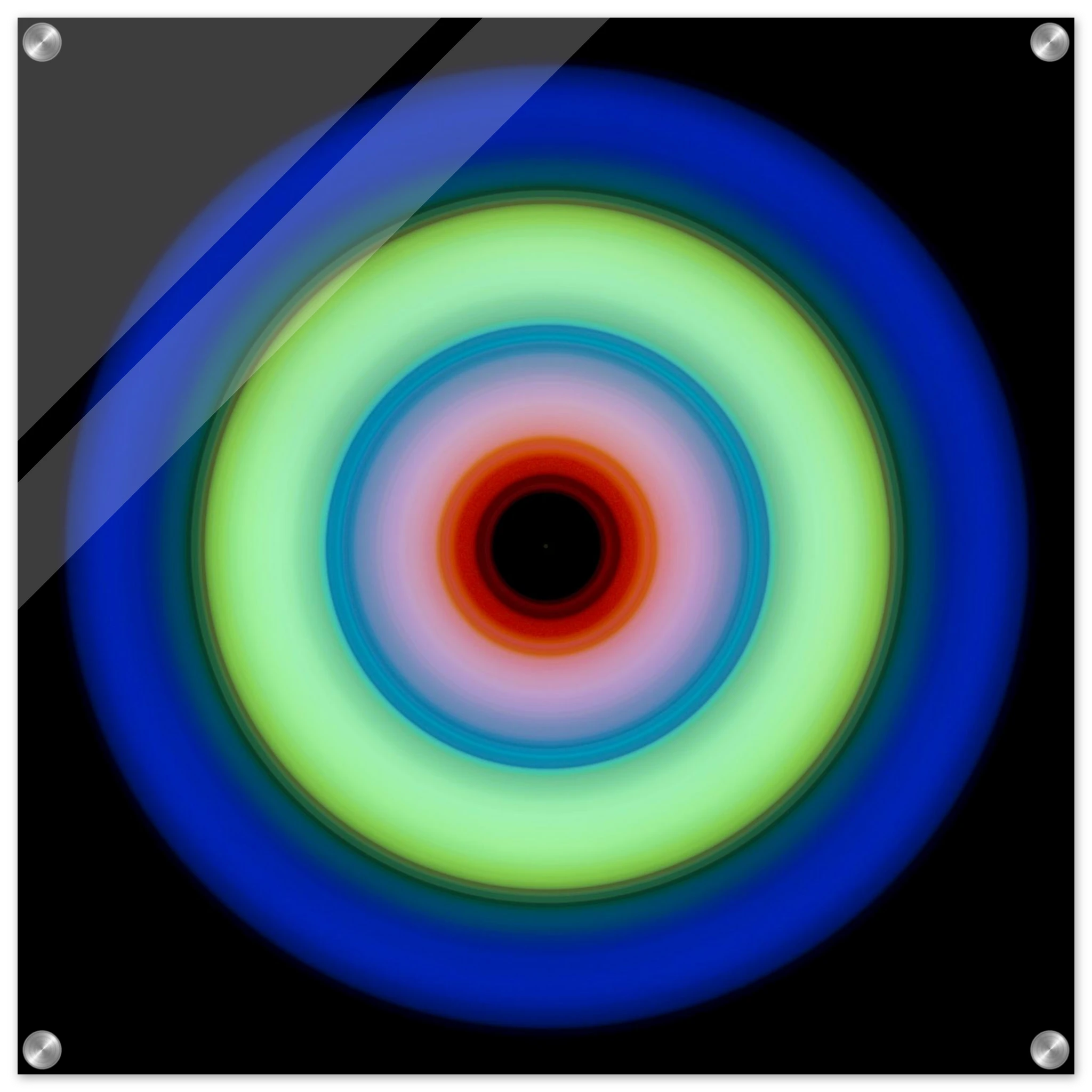 Circular concentric rings transitioning from deep blue outer edge through lime green to orange-red center with a small black void.