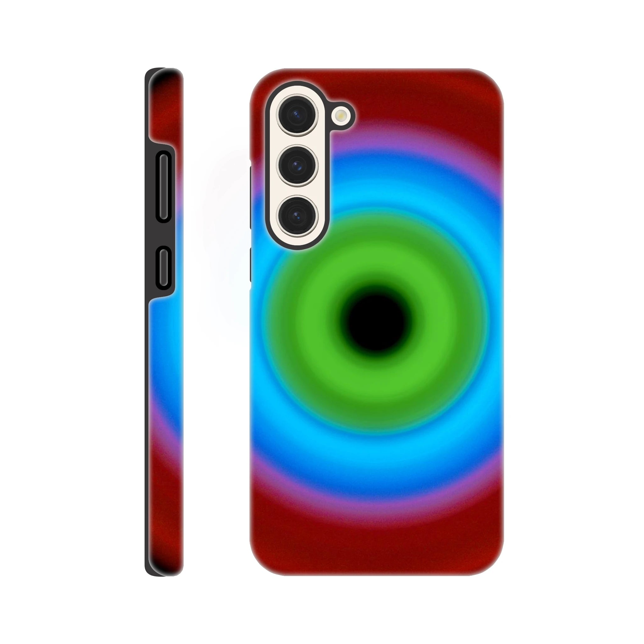 A circular radial form with concentric color bands transitioning from a black center through bright green to blue to red at the outer edge.