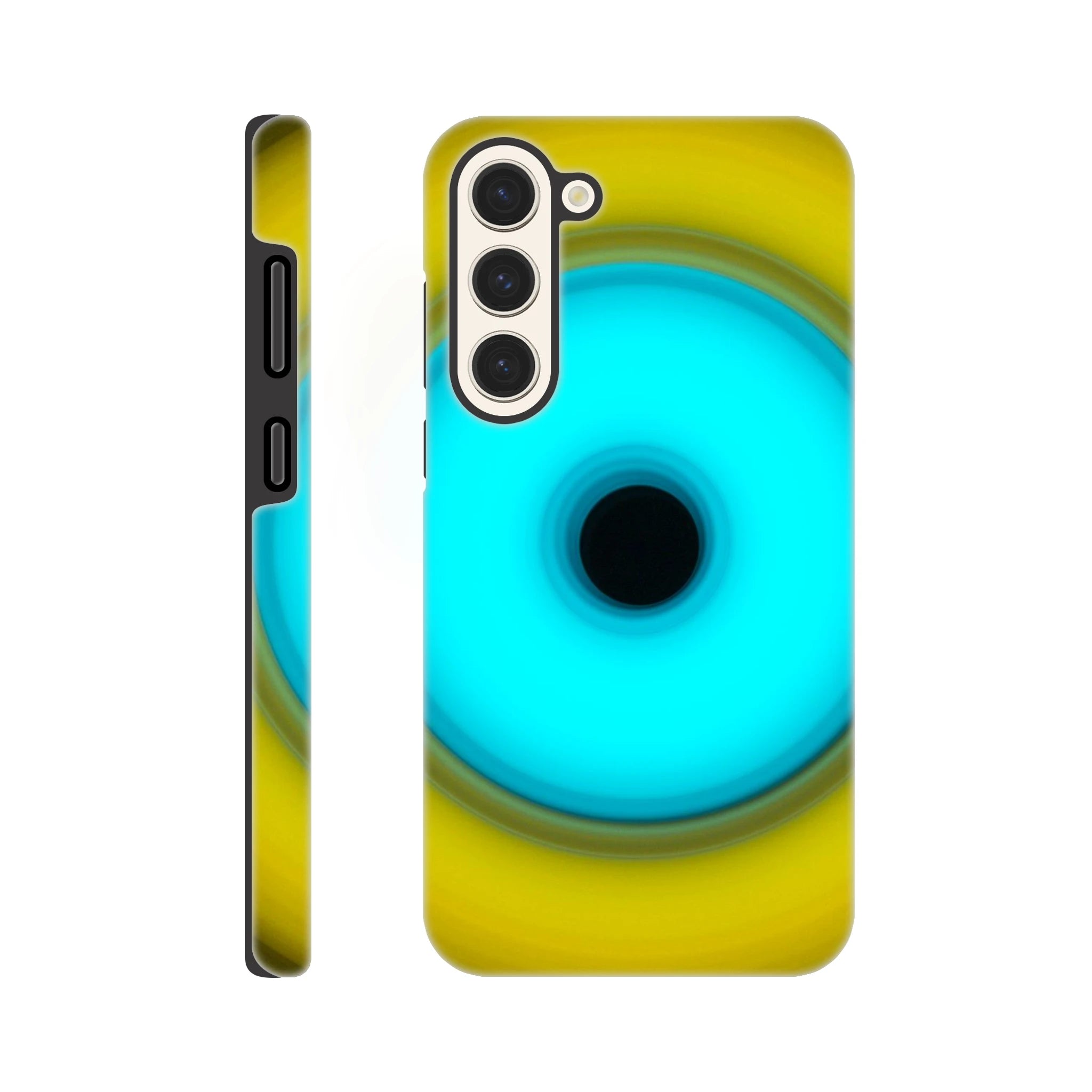 A circular aperture shape with bright yellow outer ring, electric cyan inner circle, and small black center hole against a black background.