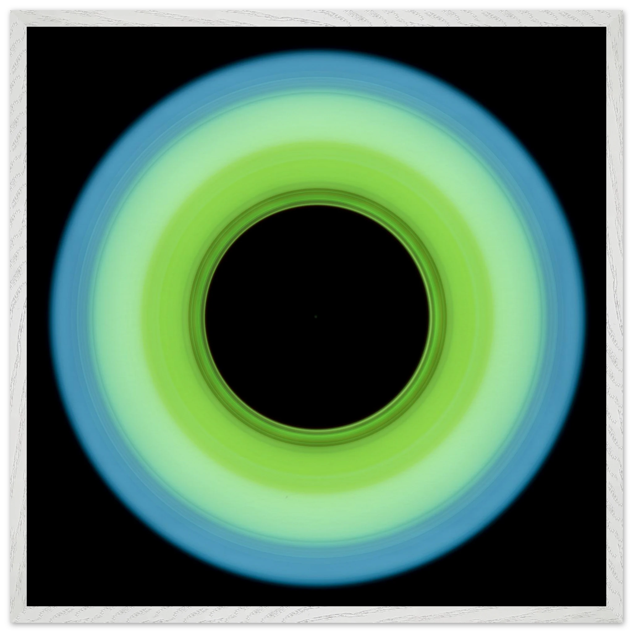 A circular ring shape that transitions from pale blue on the outer edge to bright lime green on the inner edge with a large black circular center.