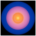 A circular disc with concentric color zones from bright yellow center through orange and coral pink to deep blue outer edge on black background.