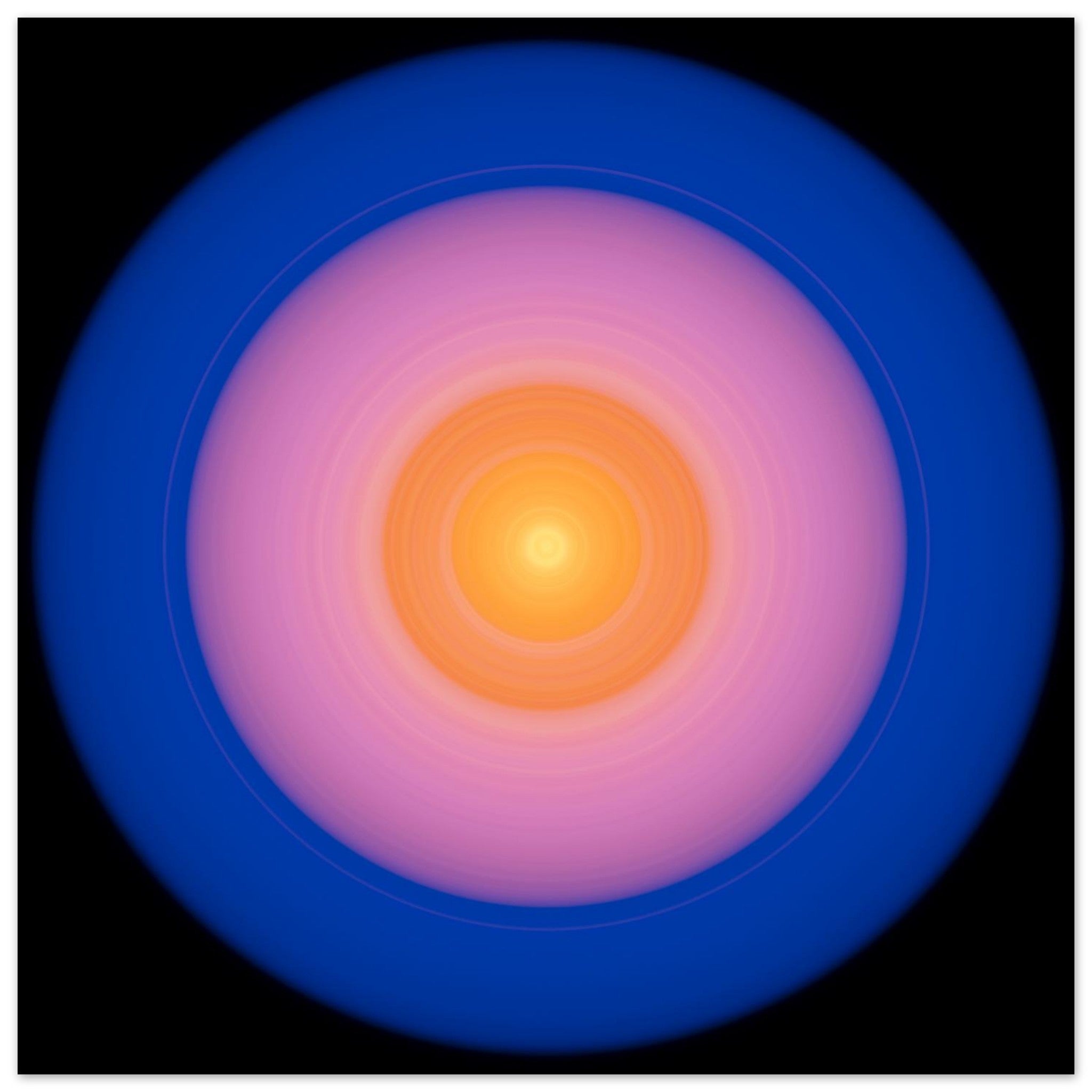 A circular disc with concentric color zones from bright yellow center through orange and coral pink to deep blue outer edge on black background.