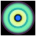 A circular disc with a bright blue center, surrounded by concentric rings of yellow-green, teal, mint green, and purple that fade into black.