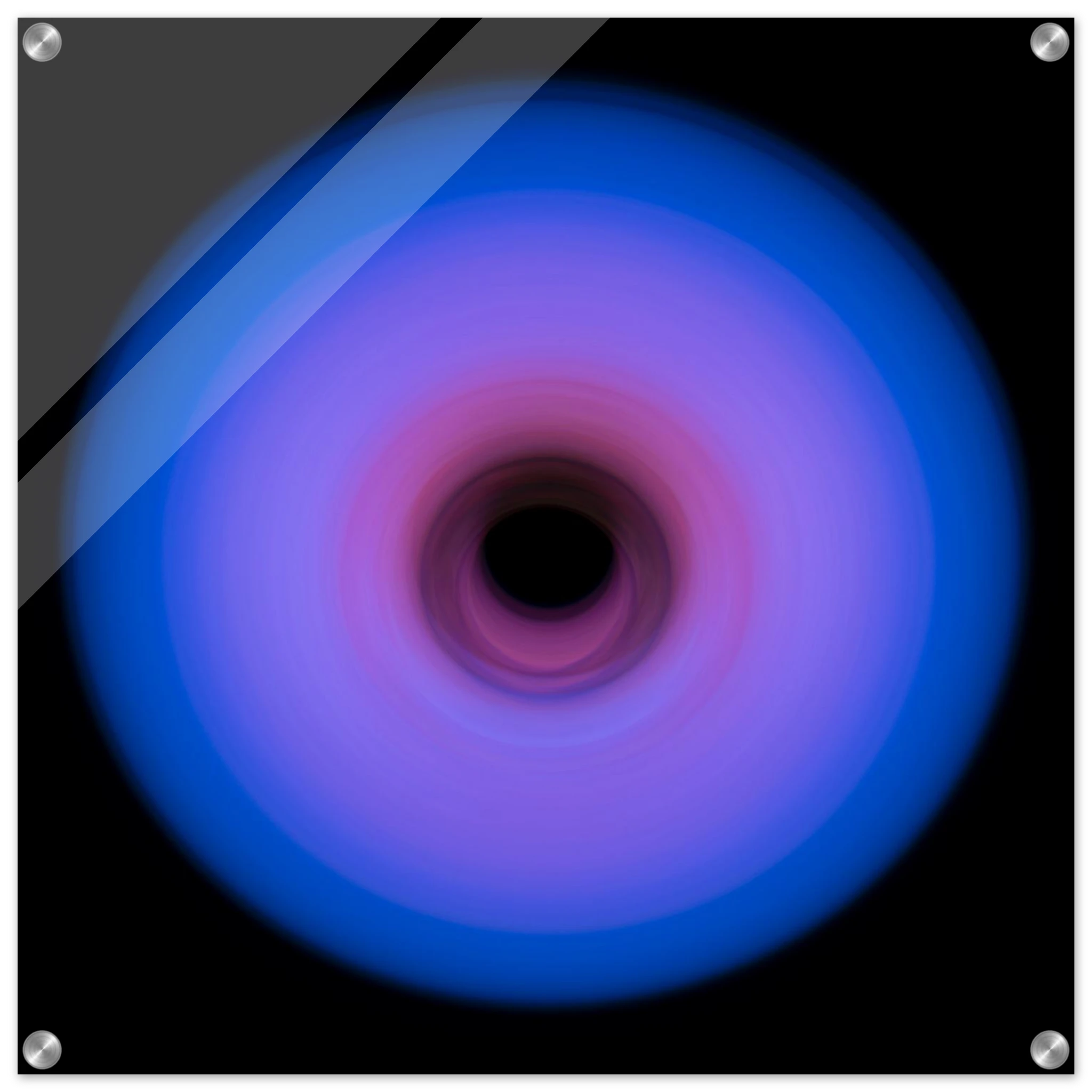 A circular ring of light with royal blue outer edges that gradually transitions through purple to pink toward a small dark center.