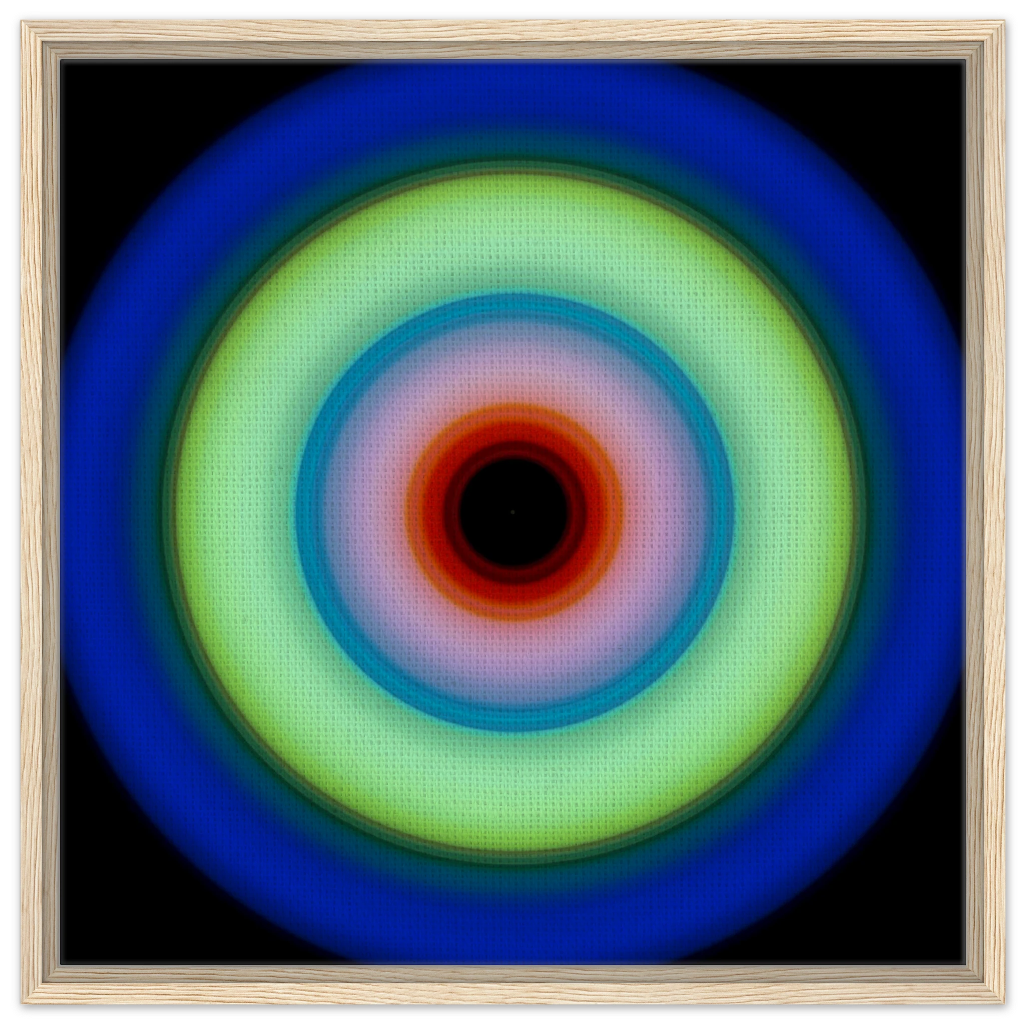 Circular concentric rings transitioning from deep blue outer edge through lime green to orange-red center with a small black void.