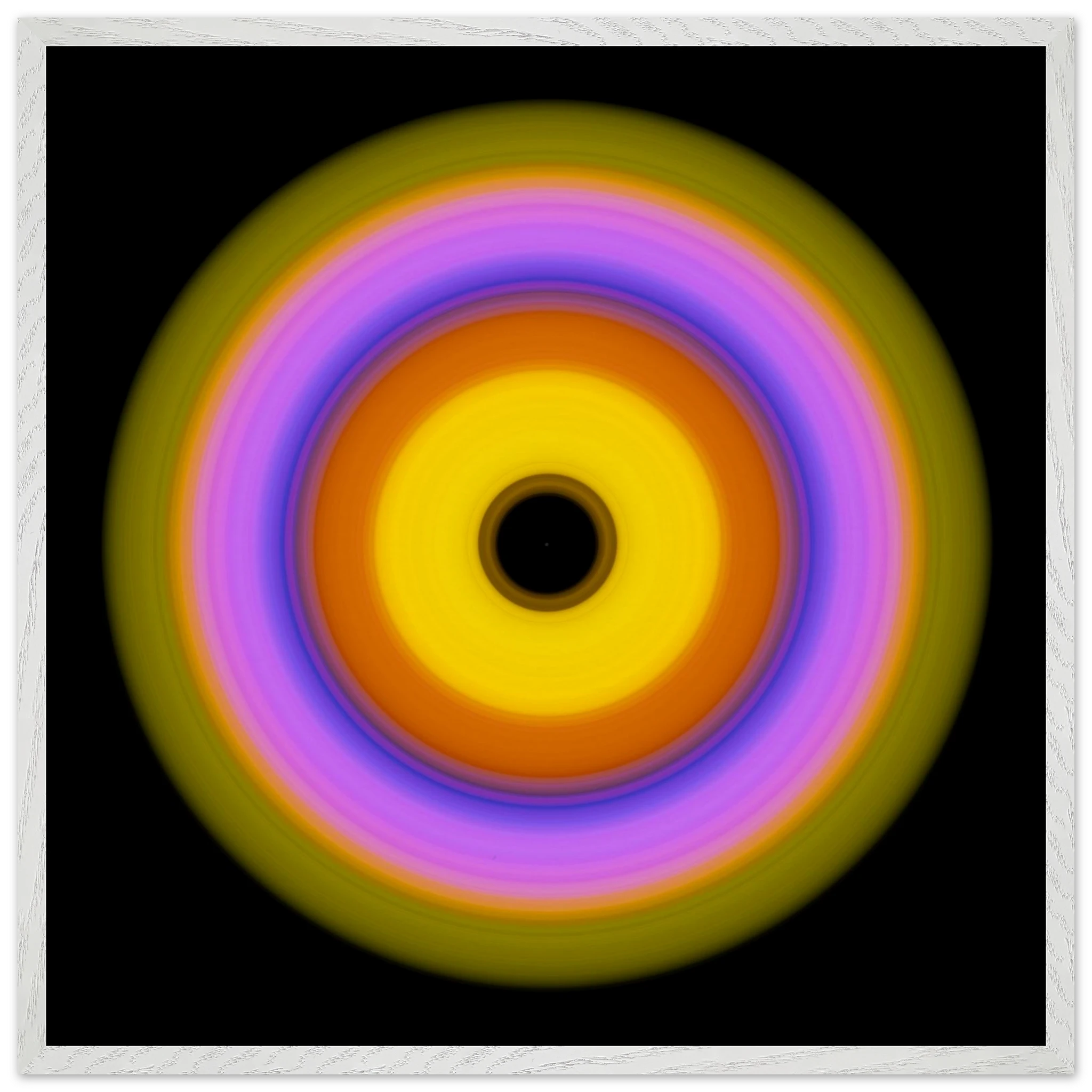 A circular pattern with six concentric rings radiating from a black center through yellow, orange, magenta, blue, lavender, and lime green.