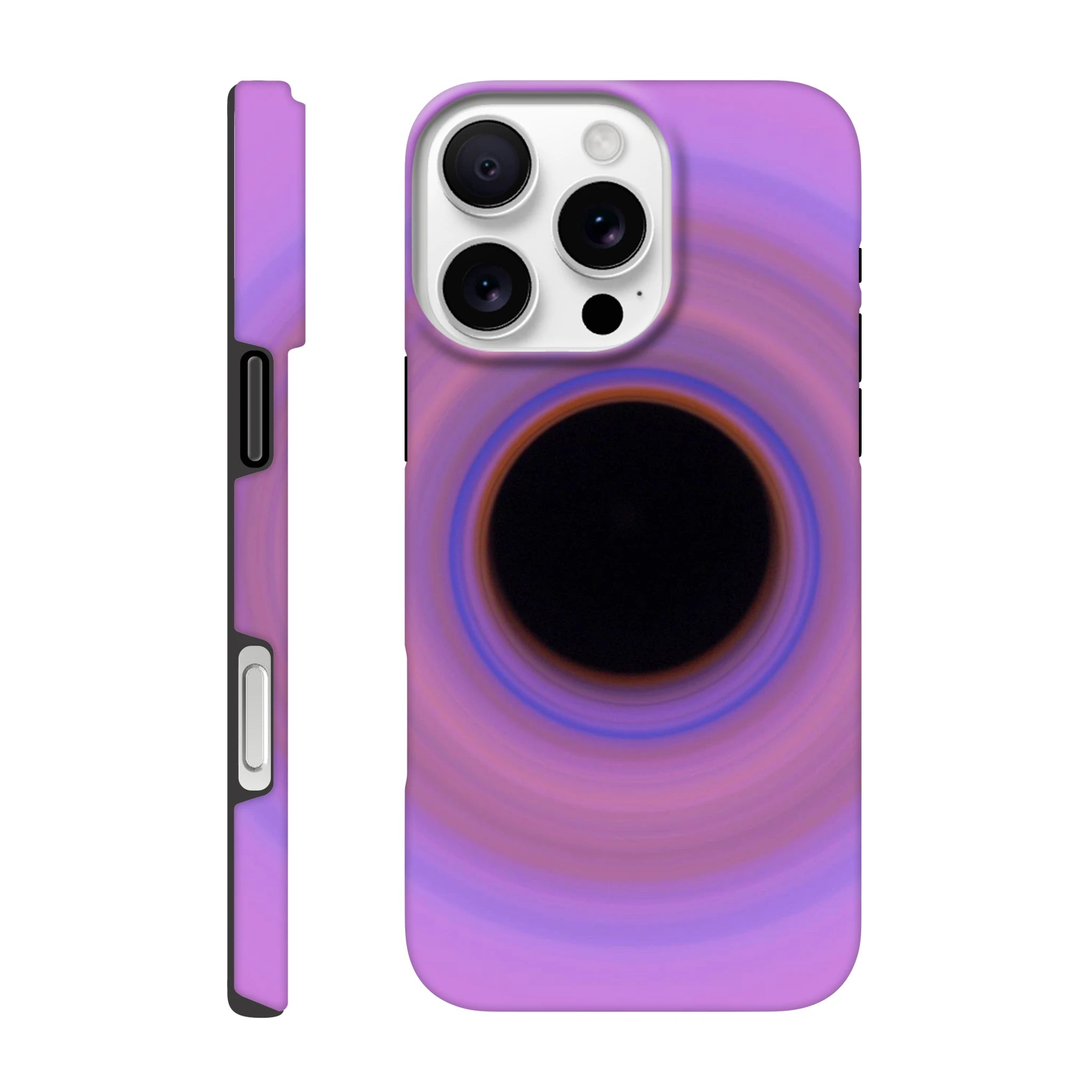 A circular swirl with black center surrounded by concentric rings transitioning from orange through blue and purple to pink at the outer edges.