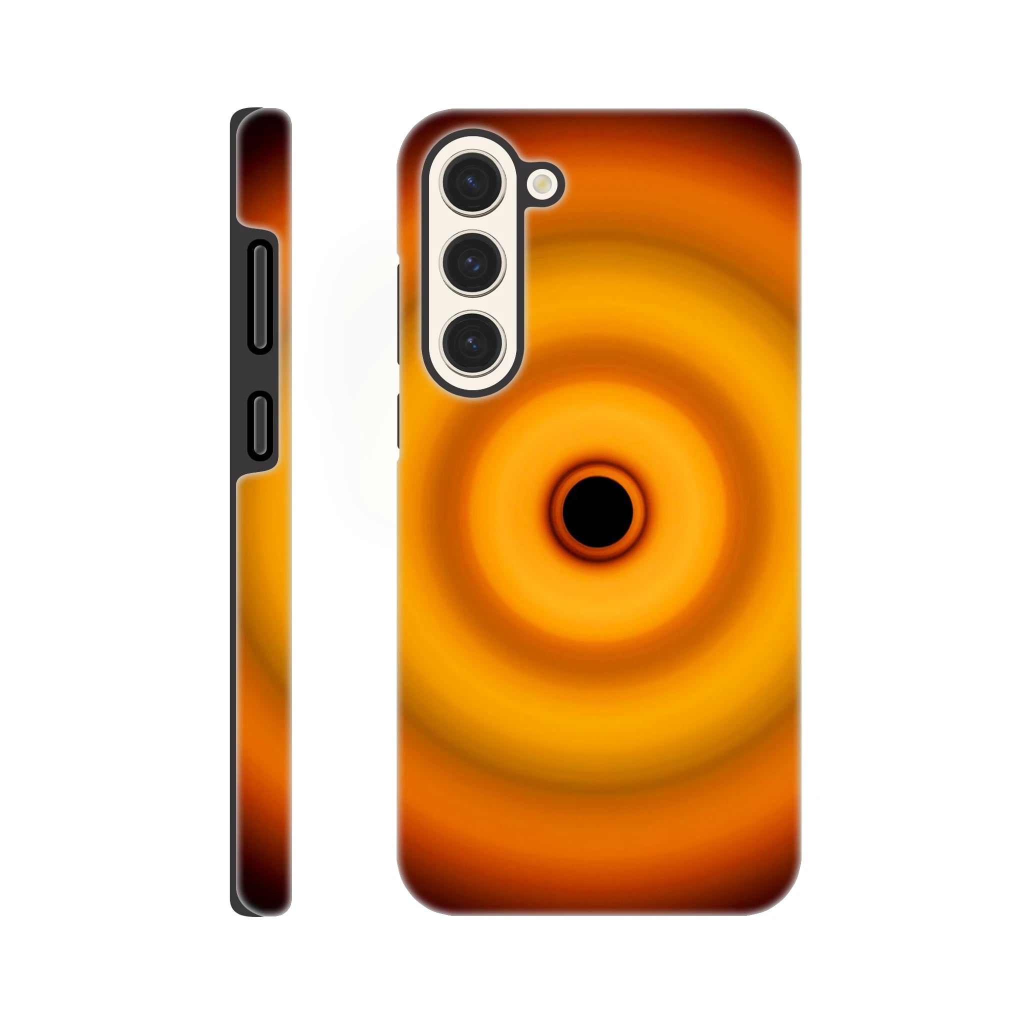 Circular aperture shape with bright amber center fading through coral orange concentric rings to darker orange edges with a small black void at the center.