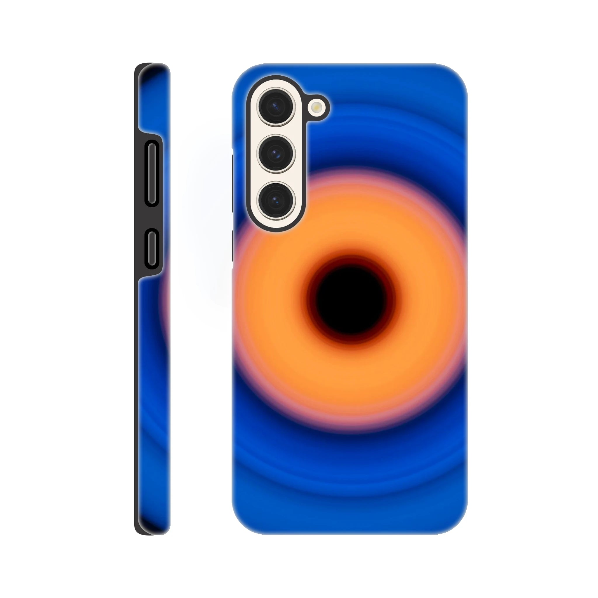 A circular ring with deep blue outer edge transitioning through purple-pink to coral orange center with a small black void in the middle.