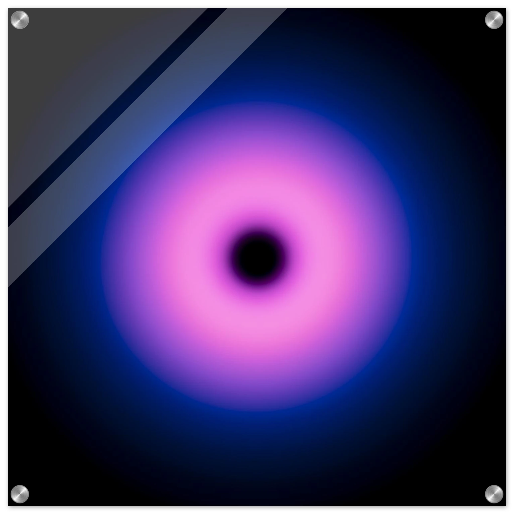 A circular gradient shape with a black center that transitions from hot pink to purple to deep blue at the outer edges.